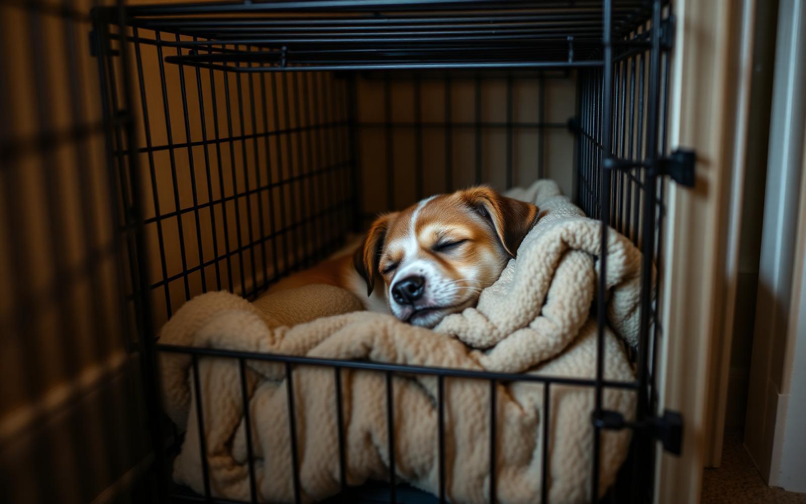 Sleepy puppy napping inside an open crate with a soft blanket in a quiet corner