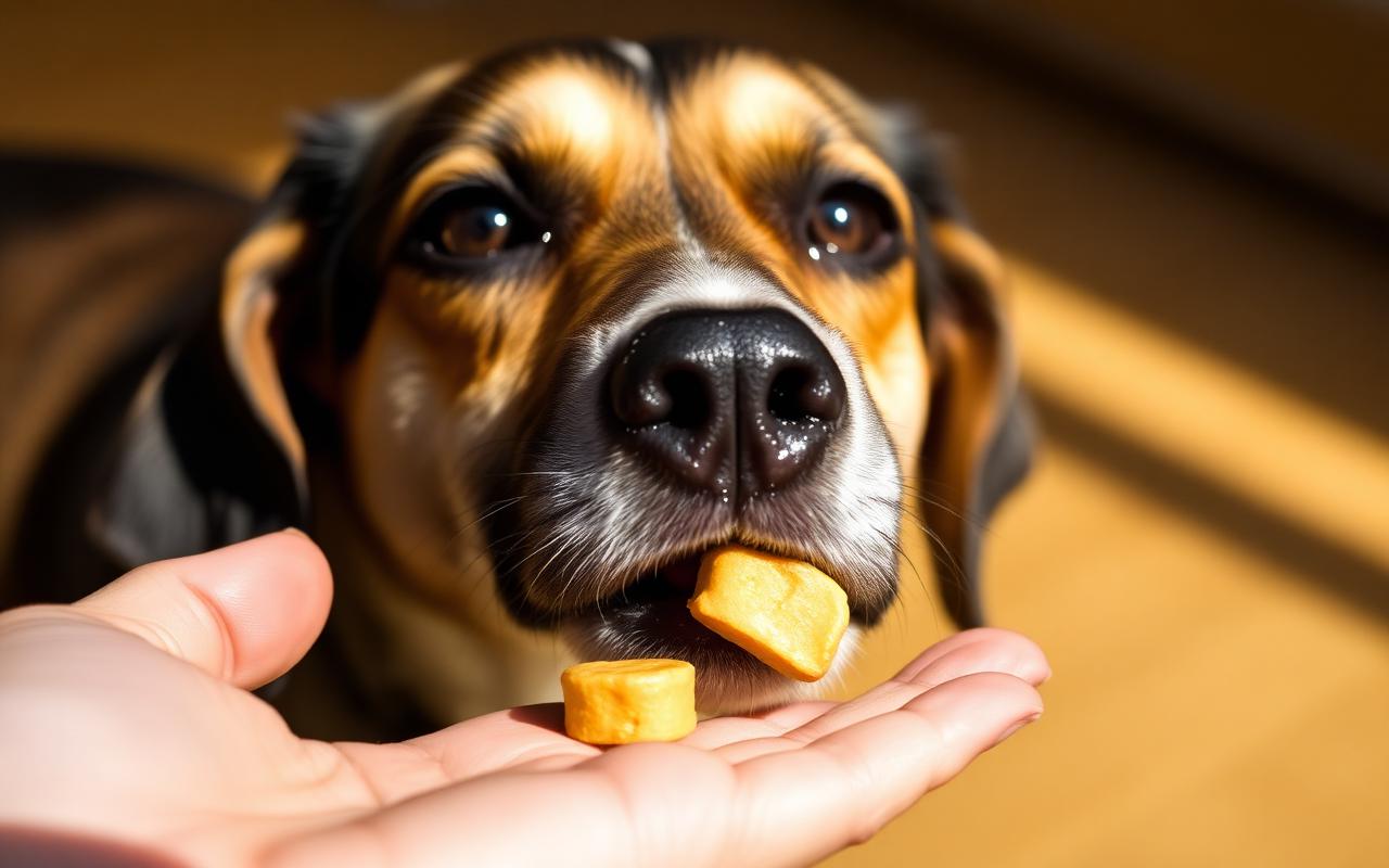 Relaxed dog with soft eyes taking a treat gently from an open palm