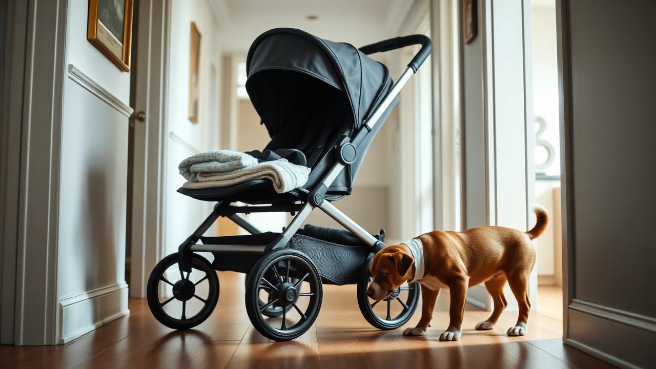 Person walking a dog on a loose leash beside an empty stroller on a quiet neighborhood street