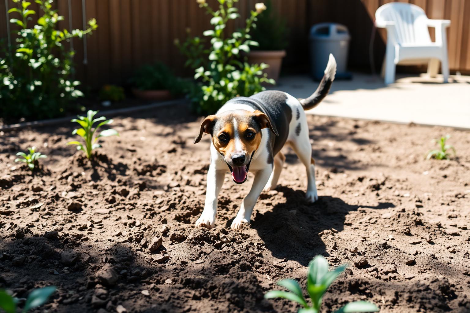 Dog digging in loose soil in a sunny backyard