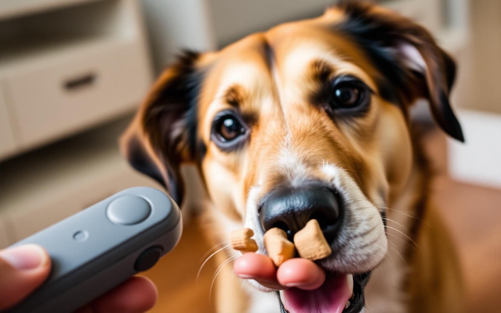 Close-up of a clicker and small soft training treats held in an open hand beside an attentive dog