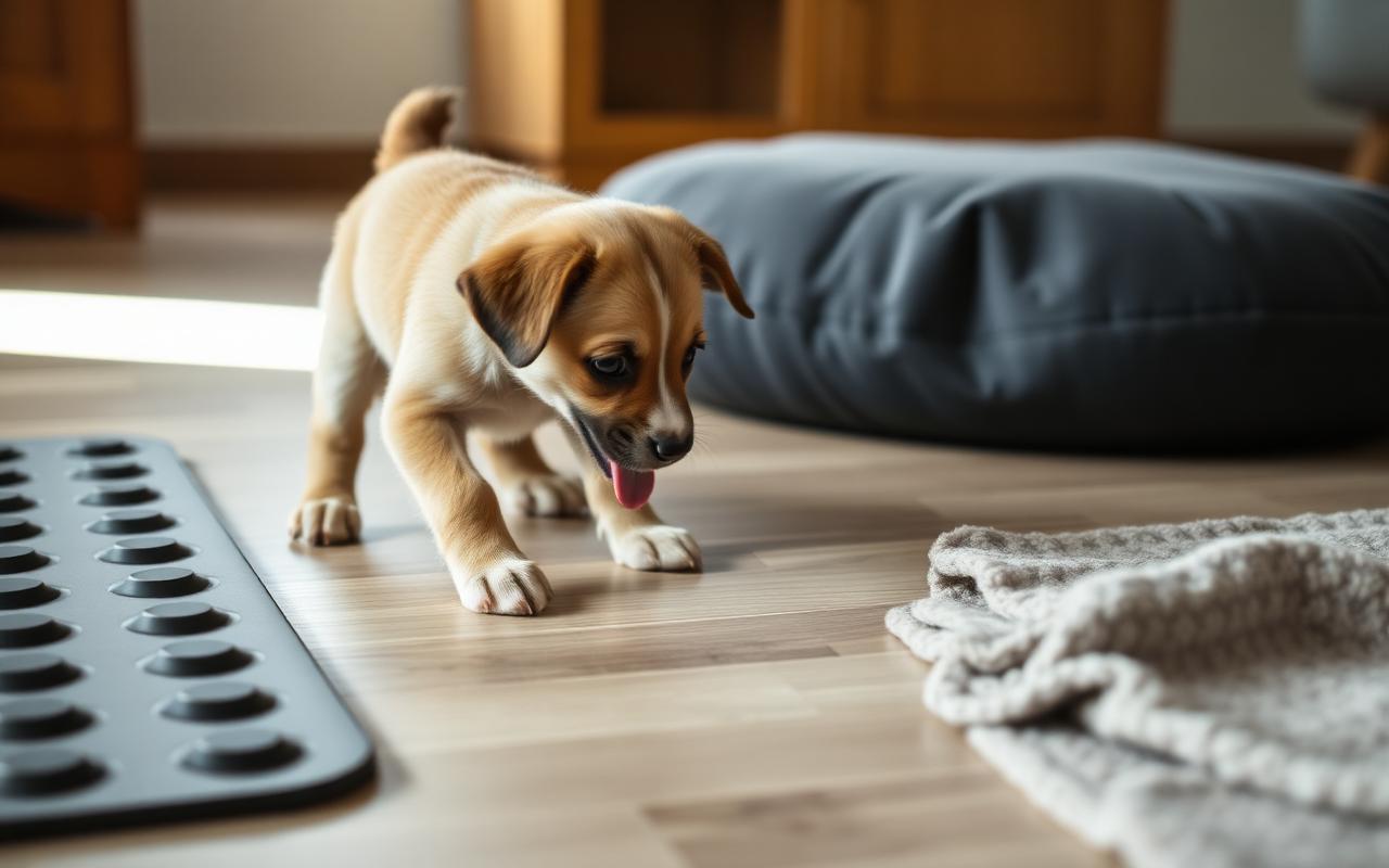 Puppy investigating different floor surfaces indoors including a rubber mat and folded towel