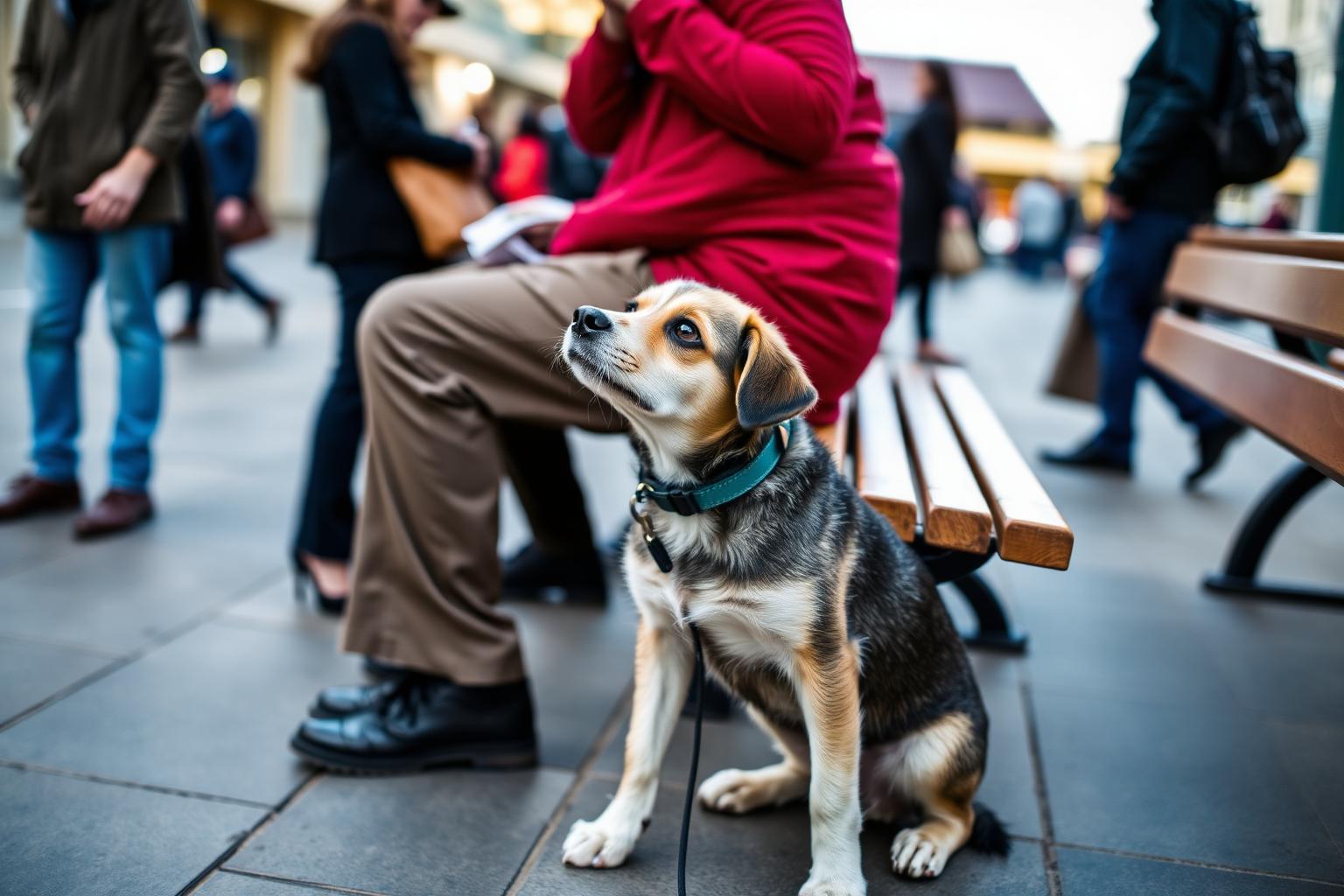 Dog in a working harness lying calmly while people walk past