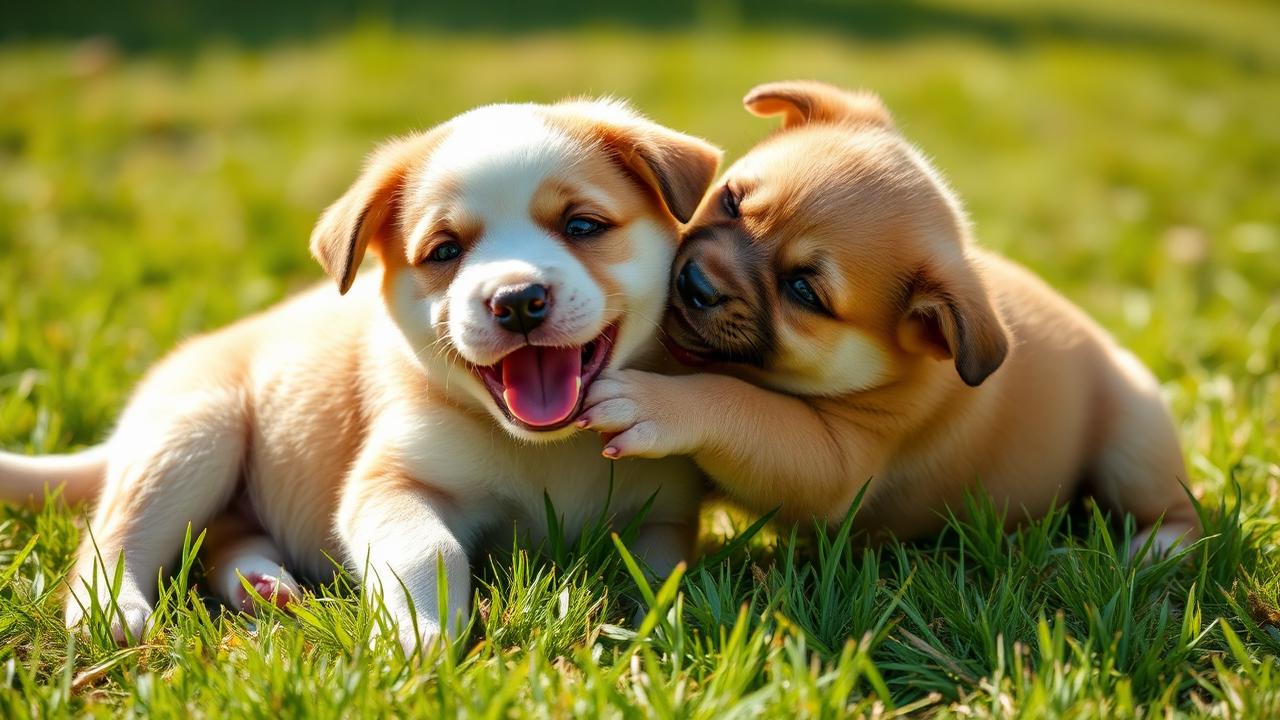 Two puppies play wrestling gently on grass with relaxed open mouths