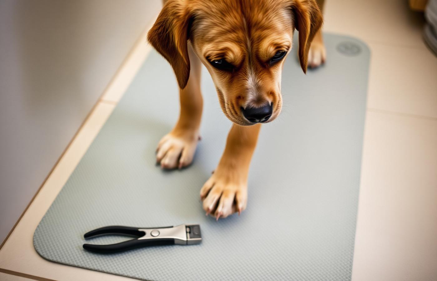 Dog standing on a non-slip mat with nail clippers resting on the floor nearby