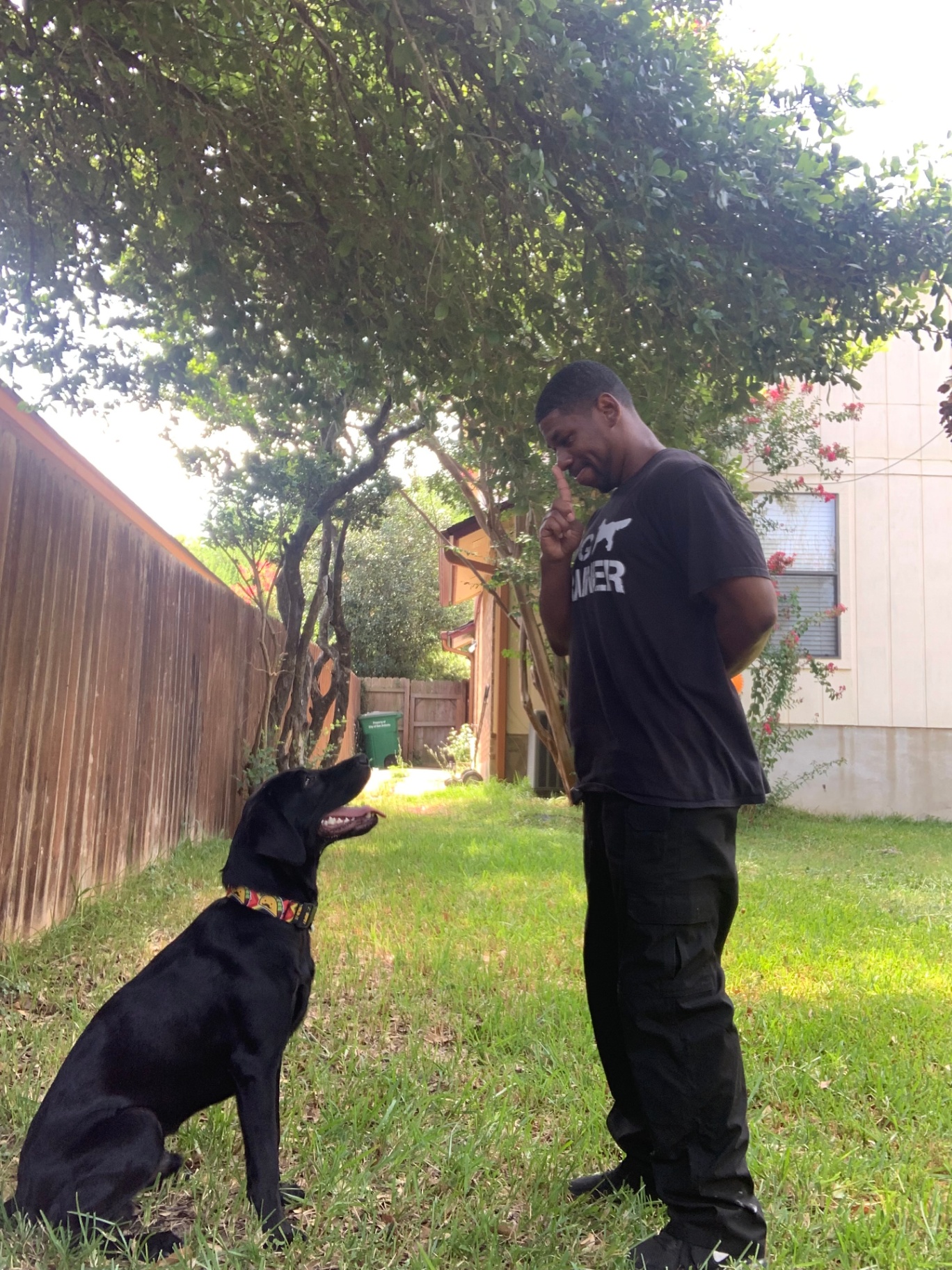 Black lab holding focus on Jamaal during a backyard session