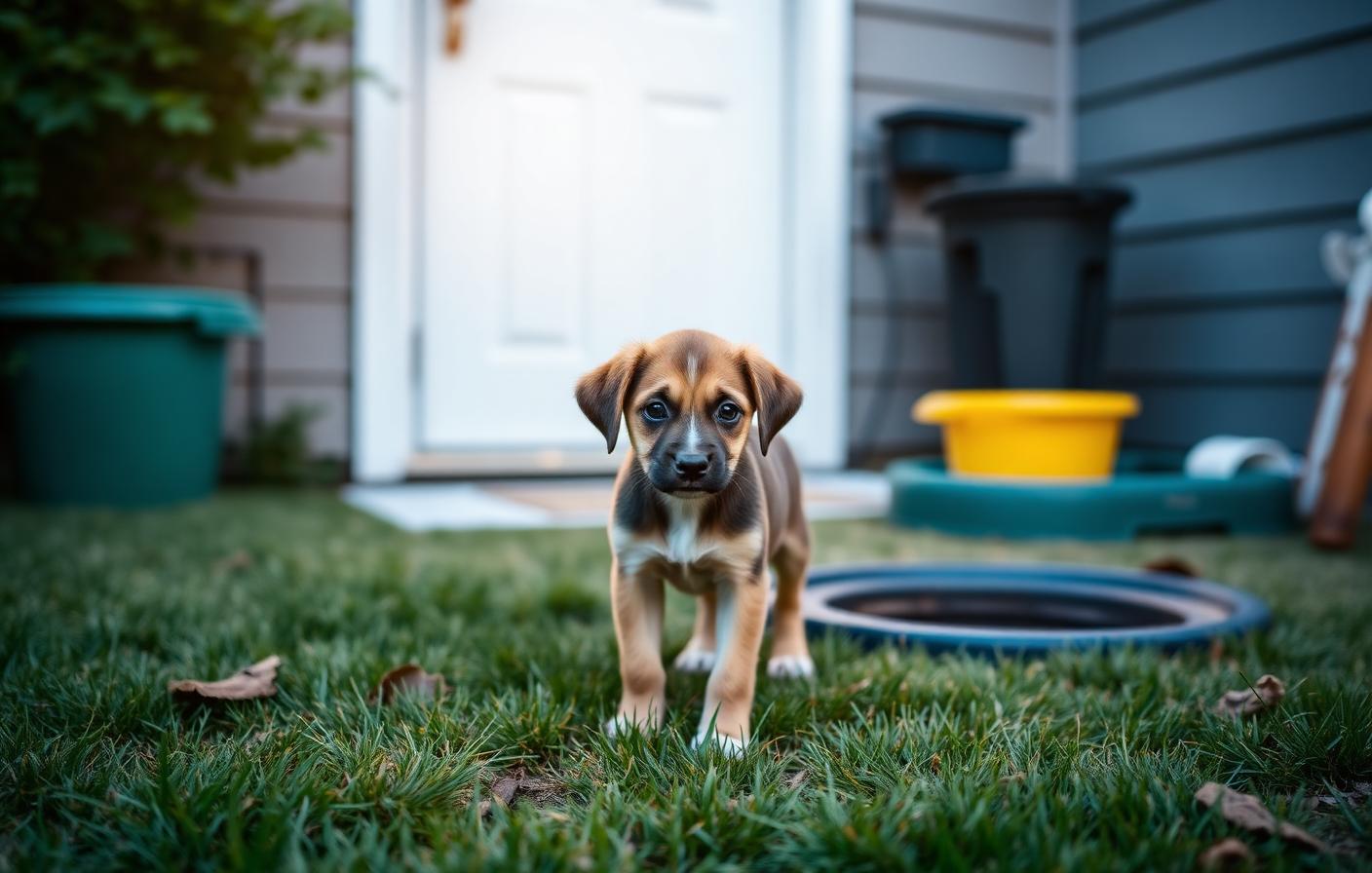 Puppy standing on grass near a back door