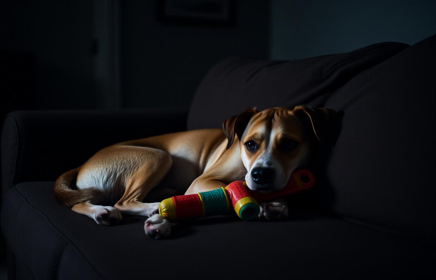 Dog resting quietly on a couch with a chew toy in a dim, calm room