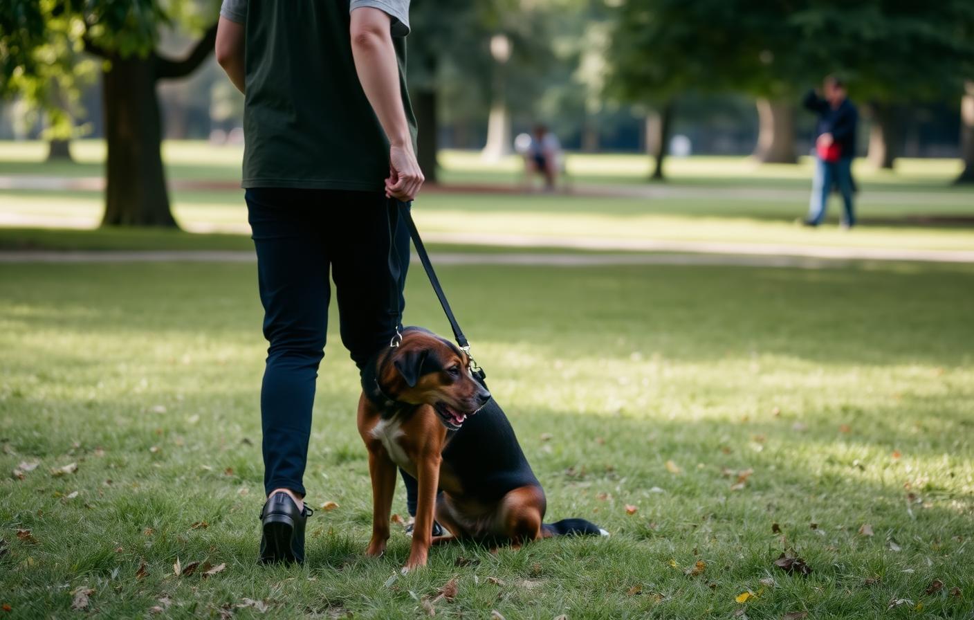 Dog holding a down-stay on grass while the handler stands a few steps away