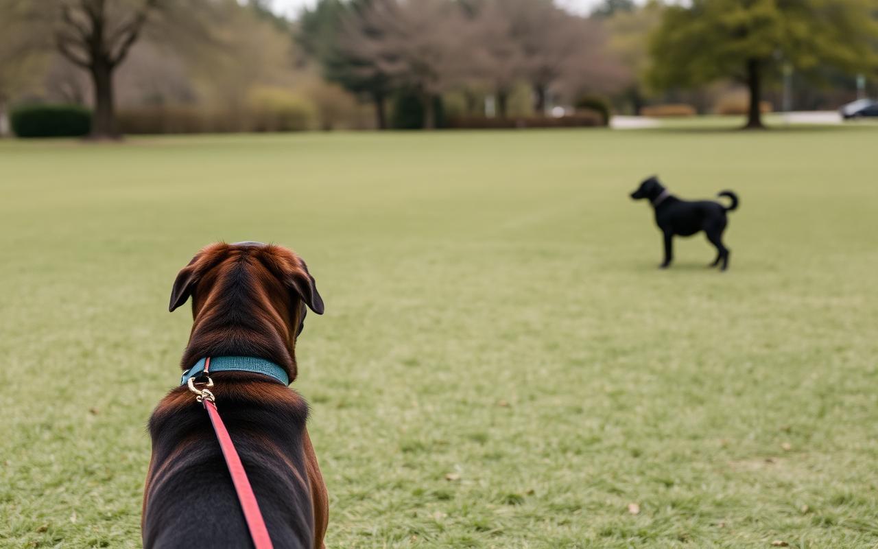 Dog on a leash watching another dog far away across an open park lawn