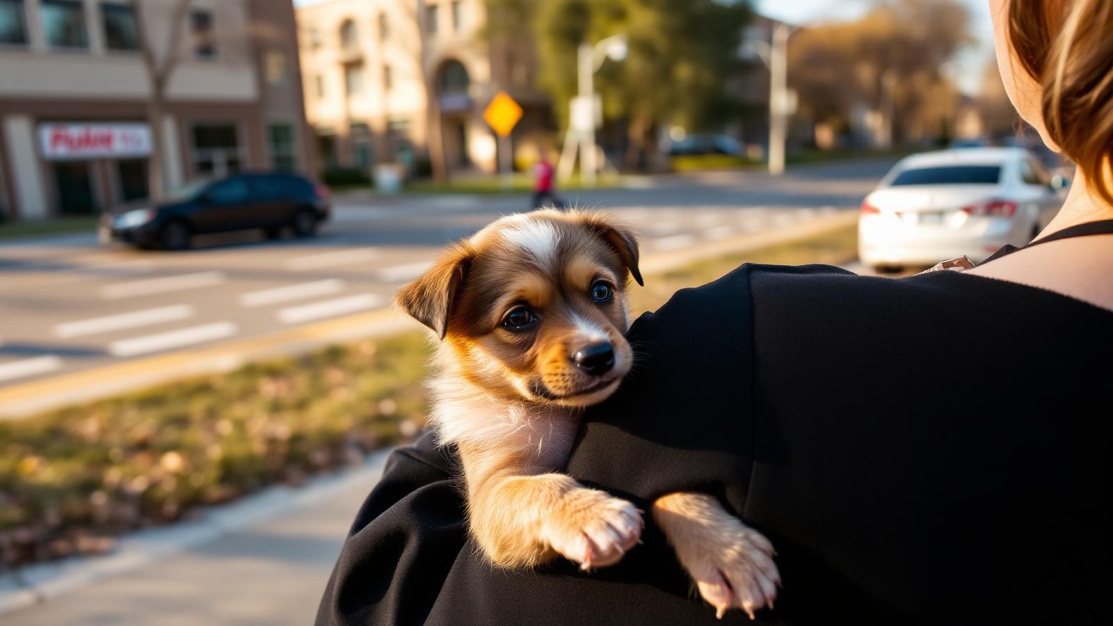 Puppy carried in a person's arms watching a street from a distance
