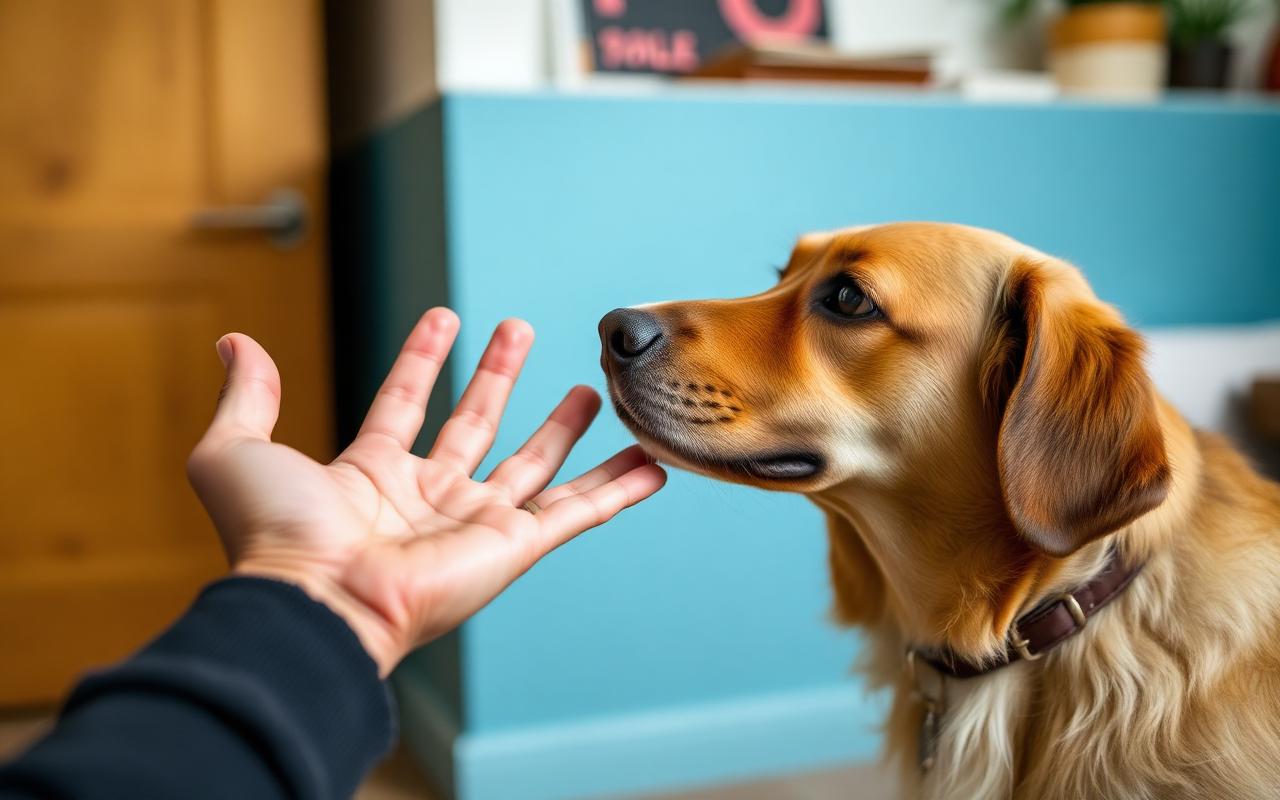 Dog touching its nose to an open palm held low indoors