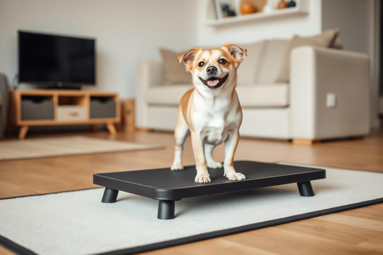 Dog offering a paw target on a non-slip mat during a trick session