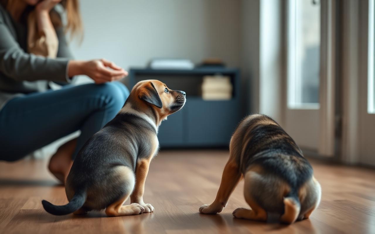 Owner rewarding a puppy with a small treat after the puppy turns to look