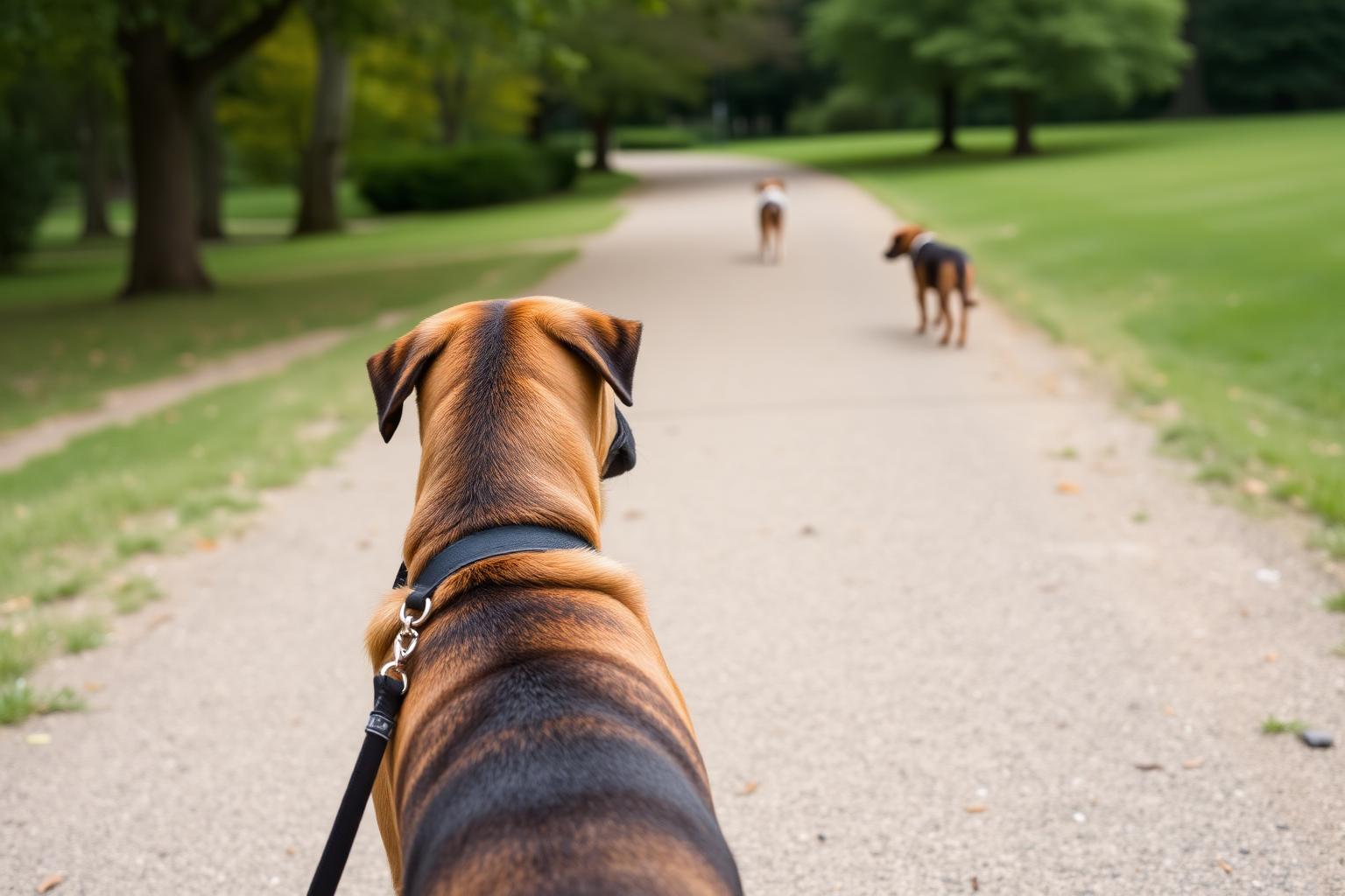 Handler and dog working at a distance across an empty parking lot with people far away