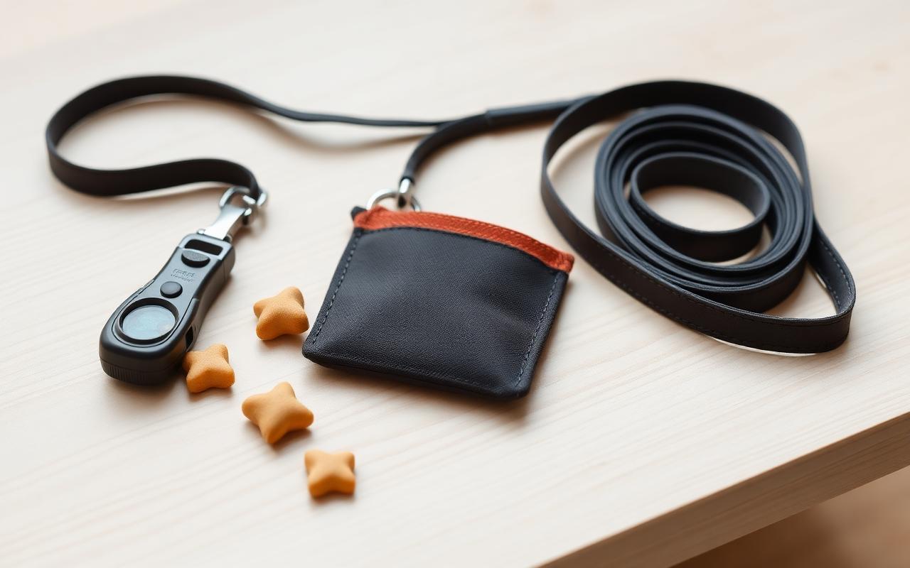 Training treat pouch, clicker, long leash and small soft treats laid out on a wooden table
