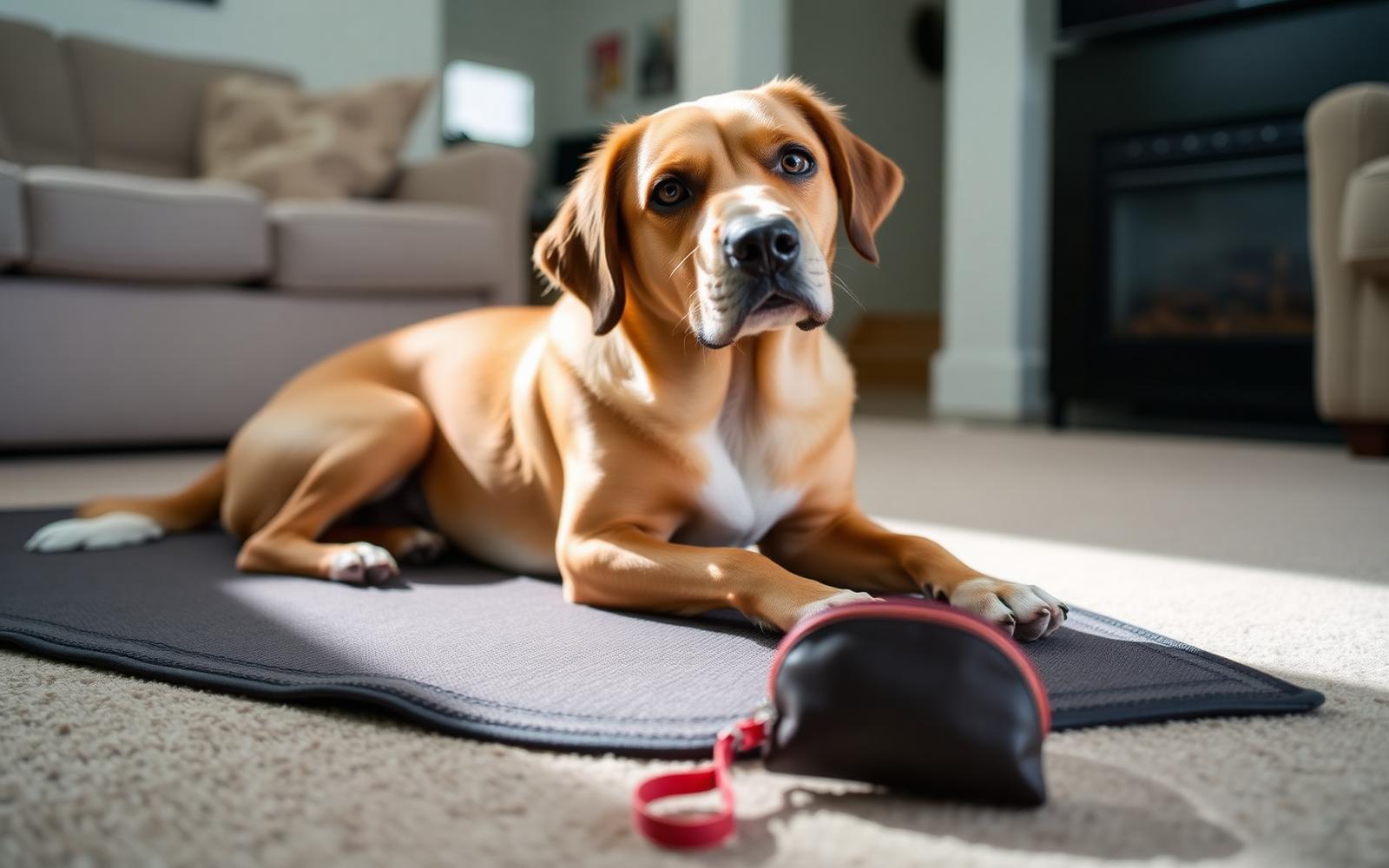 Dog holding a relaxed down on a training mat in a quiet living room with a treat pouch nearby