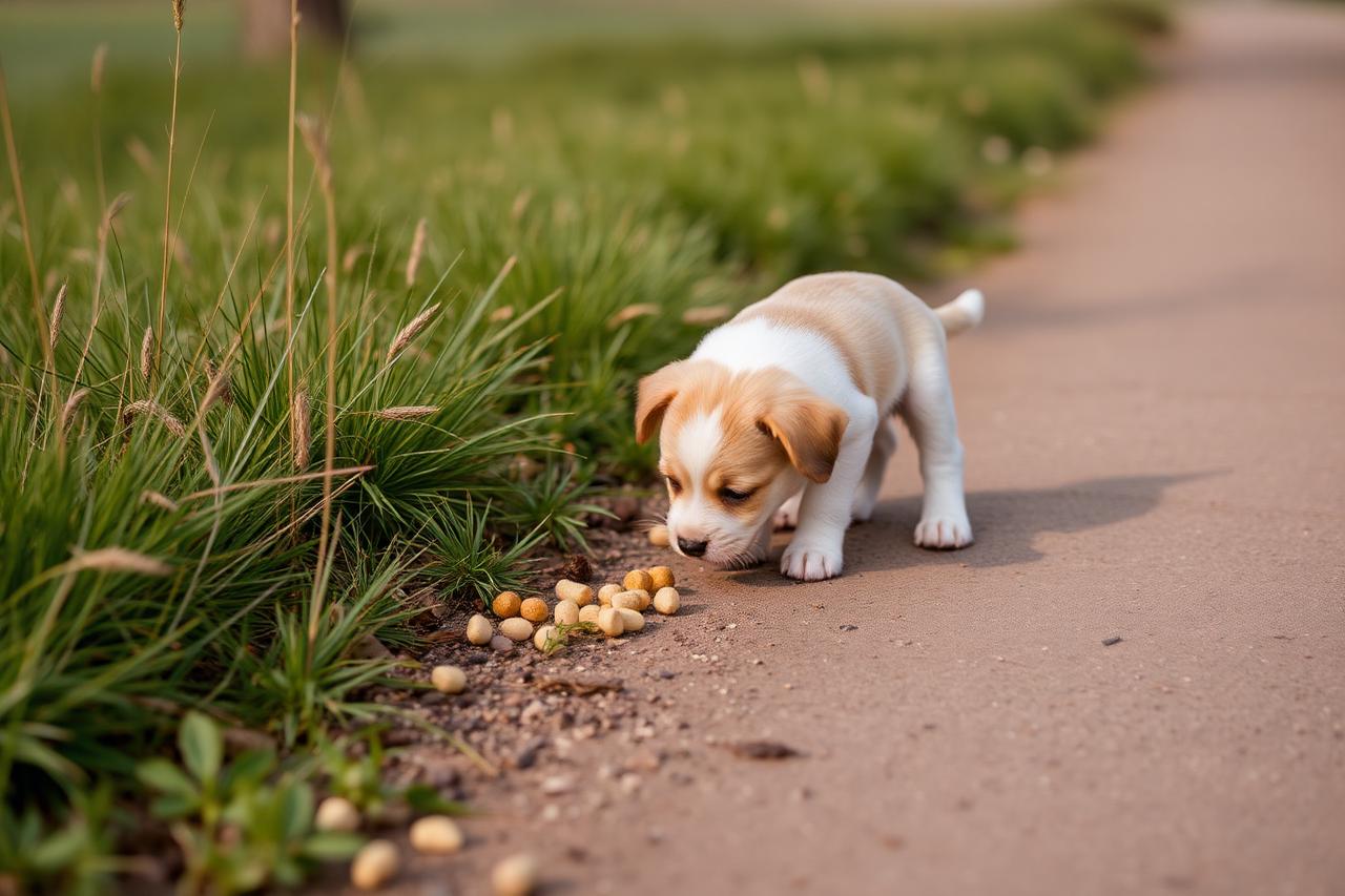 Puppy sniffing for scattered treats in grass beside a quiet path