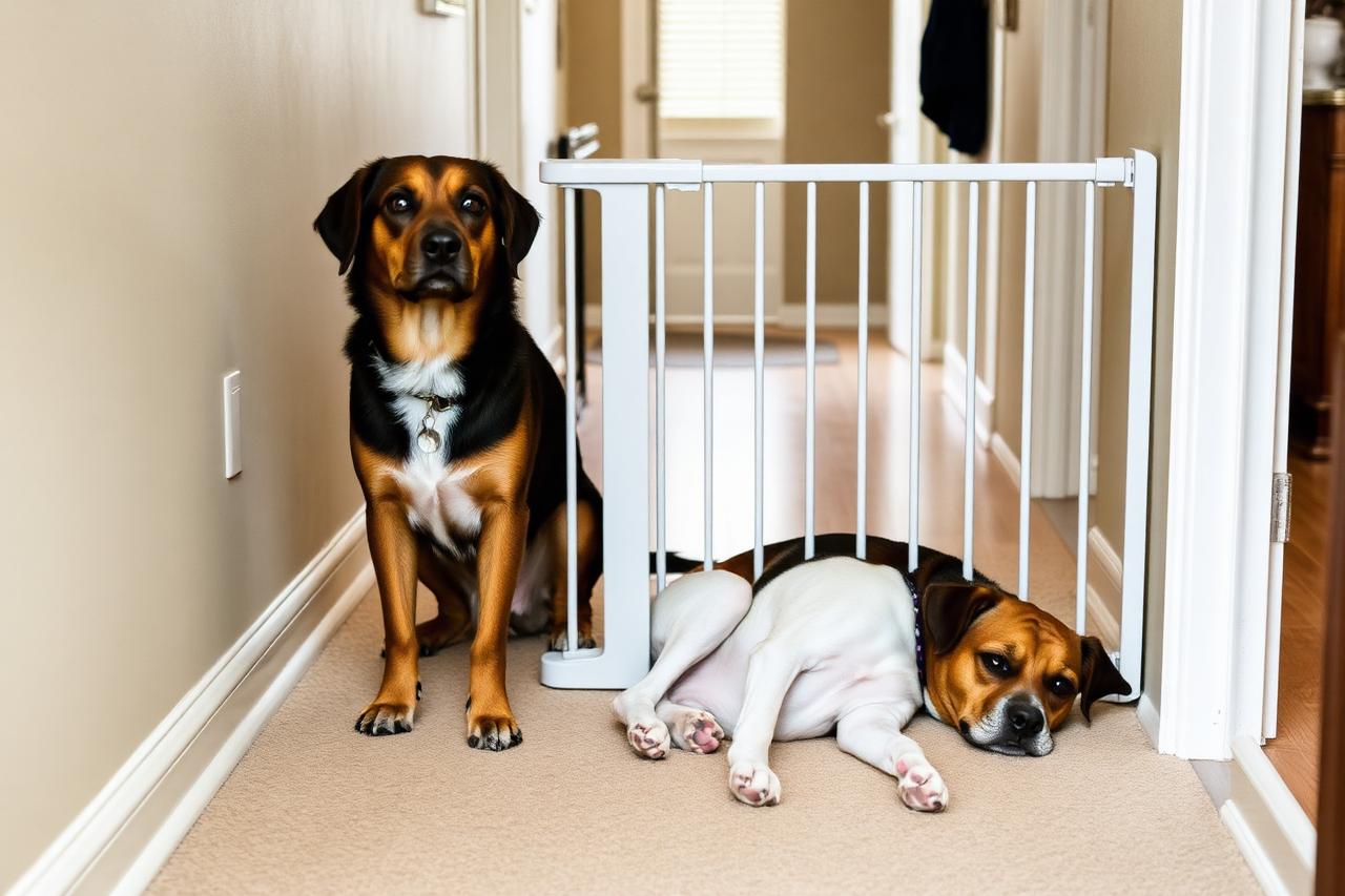 Two dogs relaxed on either side of a baby gate in a home hallway, one lying down