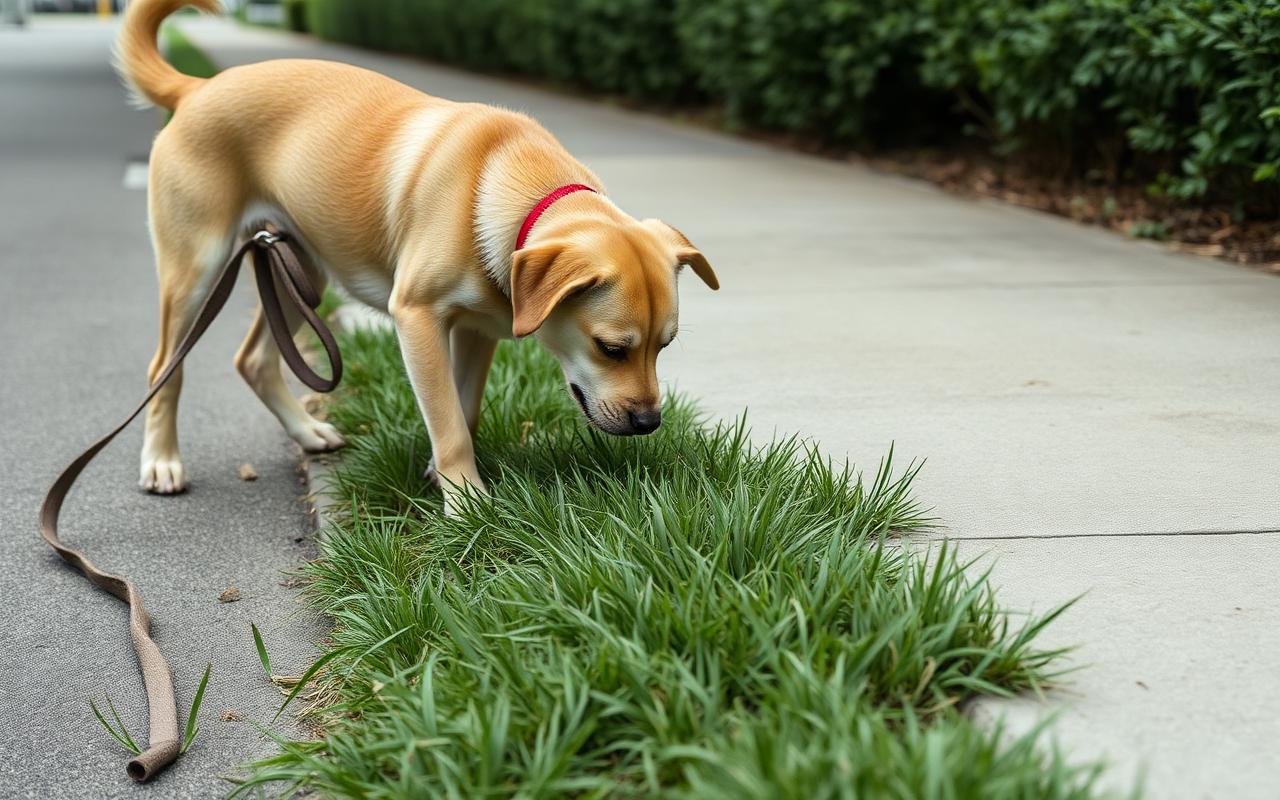 Dog pausing to sniff a patch of grass beside a sidewalk with a slack leash