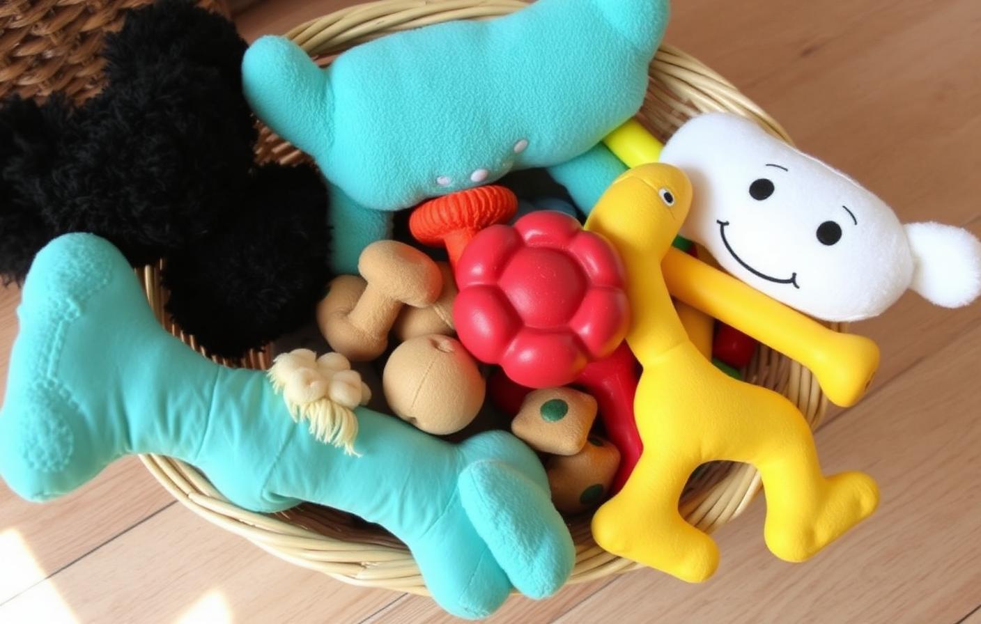 Basket of assorted safe puppy chew toys on a floor