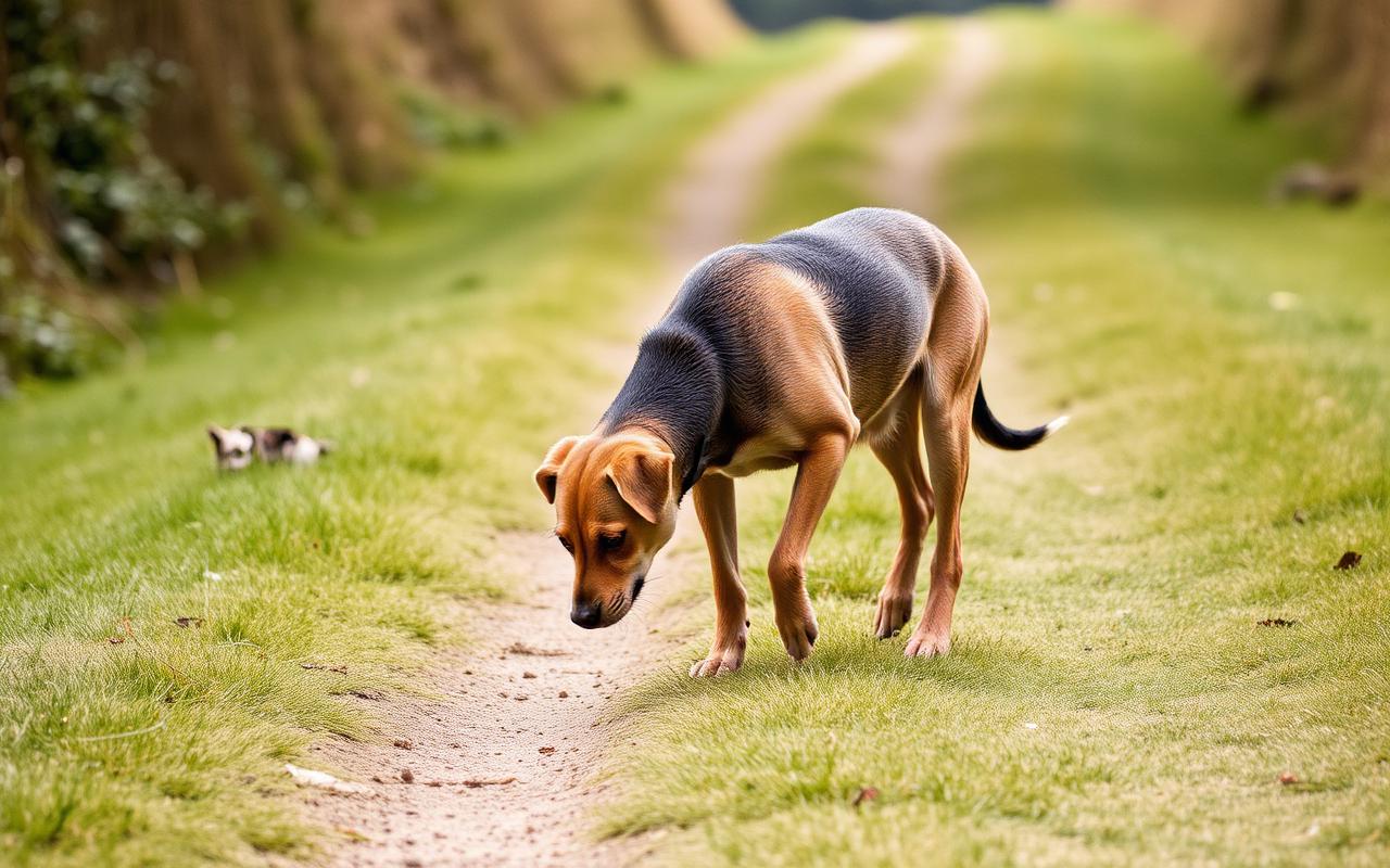Older dog walking slowly along a soft grassy path with its nose down