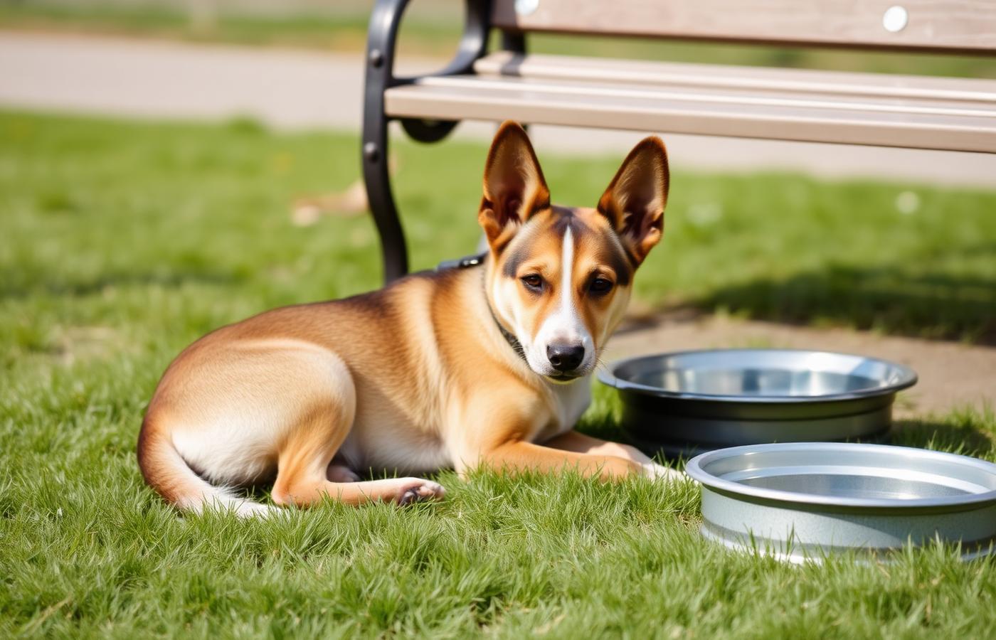 Young dog resting on grass beside a bench with a water bowl during a training break