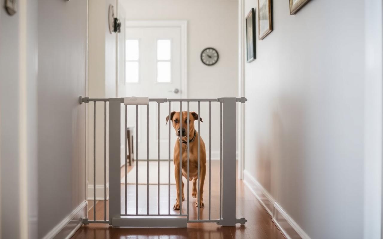 Baby gate installed across a hallway a few feet from a front entry with a calm dog behind it