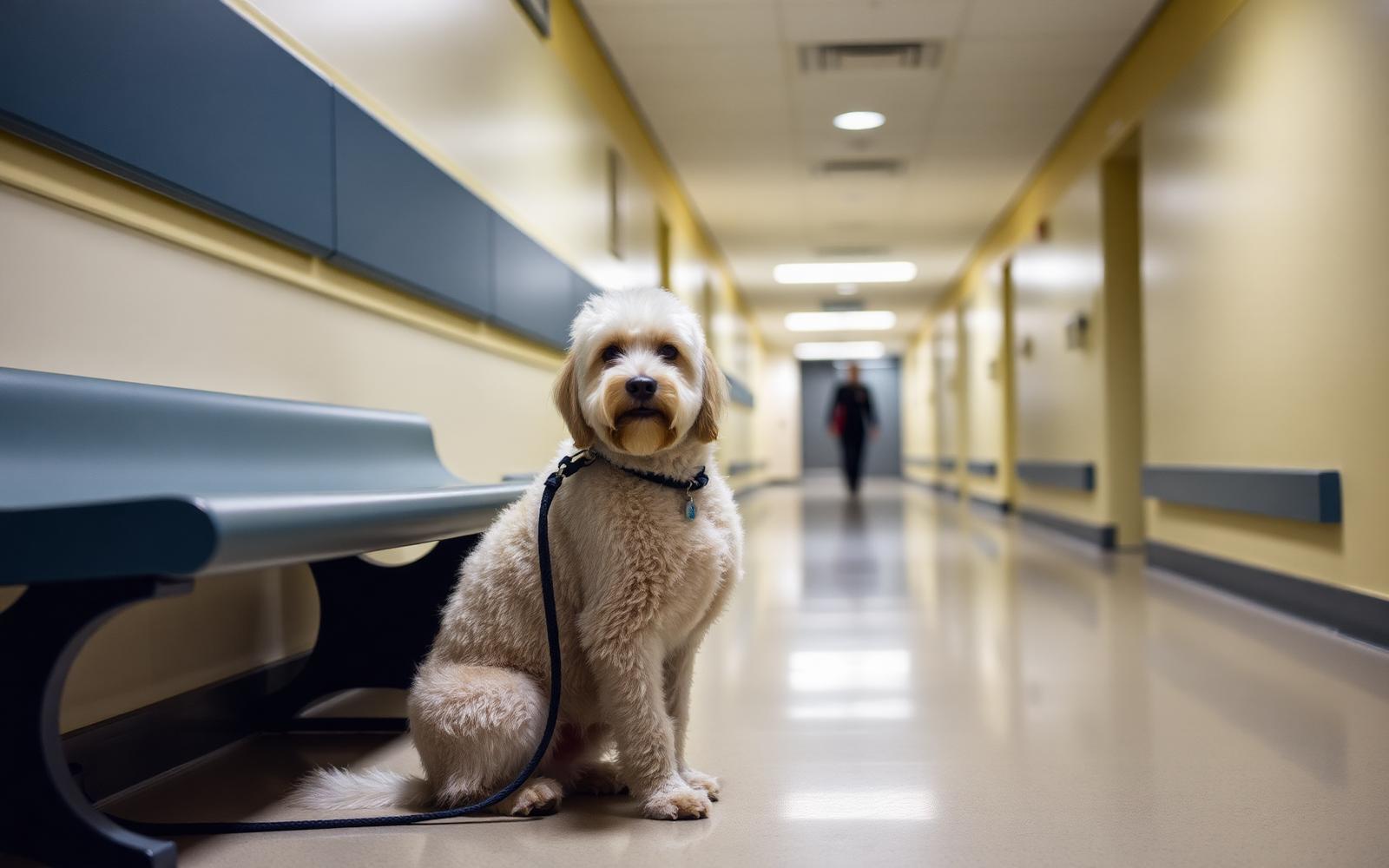 Calm groomed dog sitting on a leash beside a bench in a quiet corridor