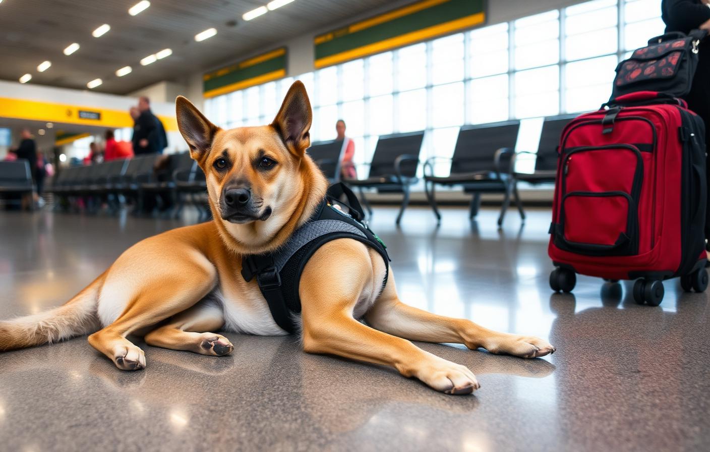 Service dog in harness resting beside luggage in an airport terminal