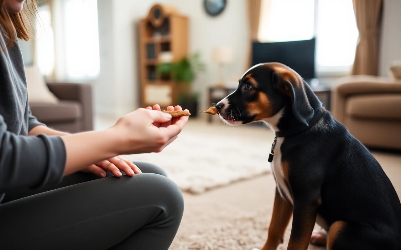 Seated person offering a treat at arm's length while a puppy chooses to approach on its own