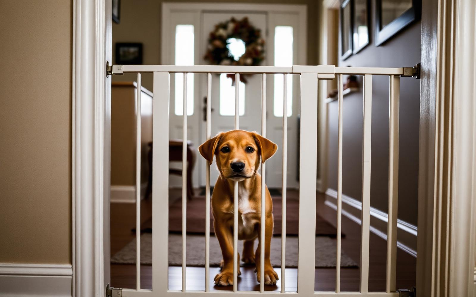 Puppy waiting calmly behind a baby gate near a front entryway