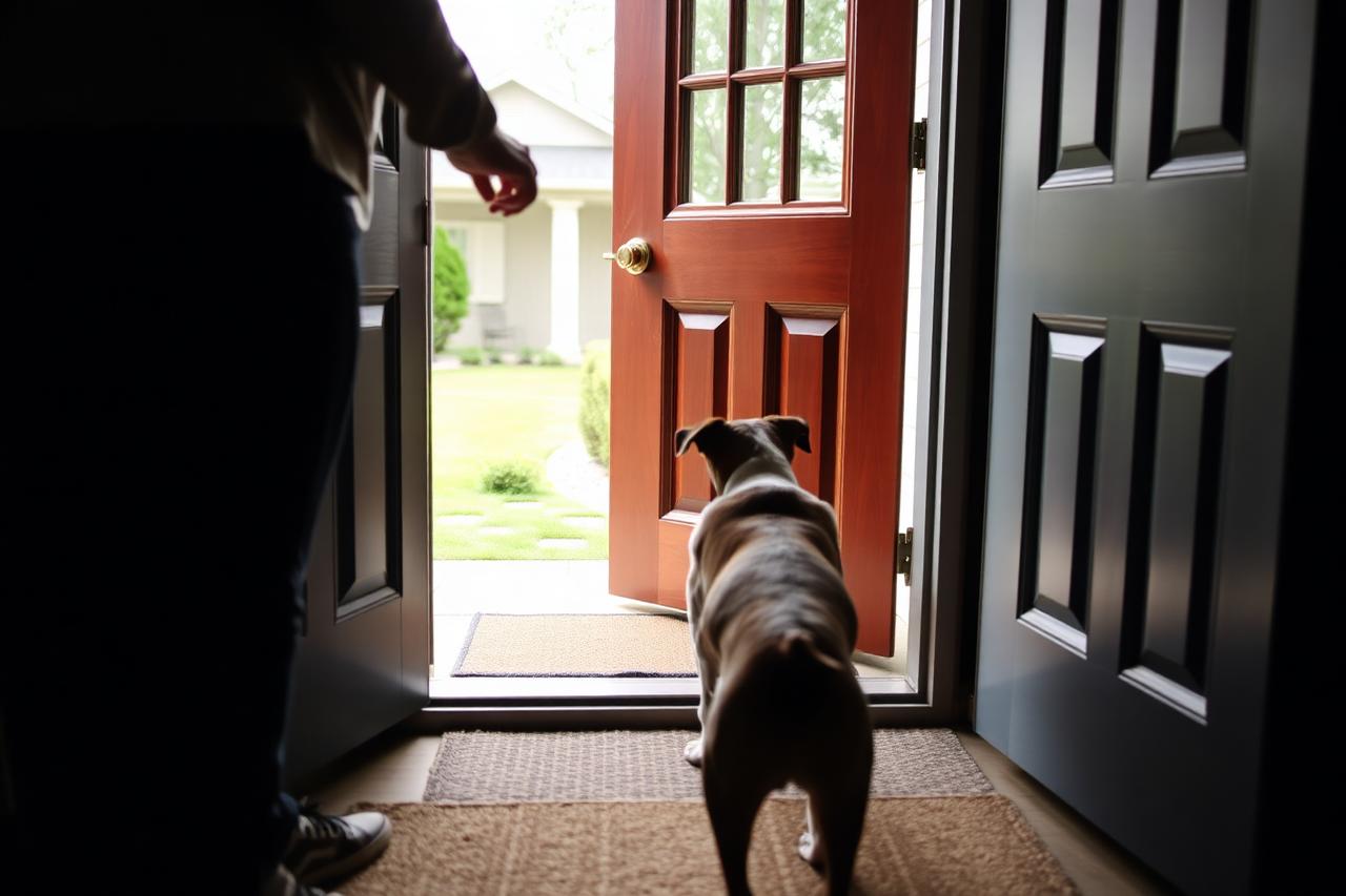 Person opening a back door for a dog waiting politely at the threshold