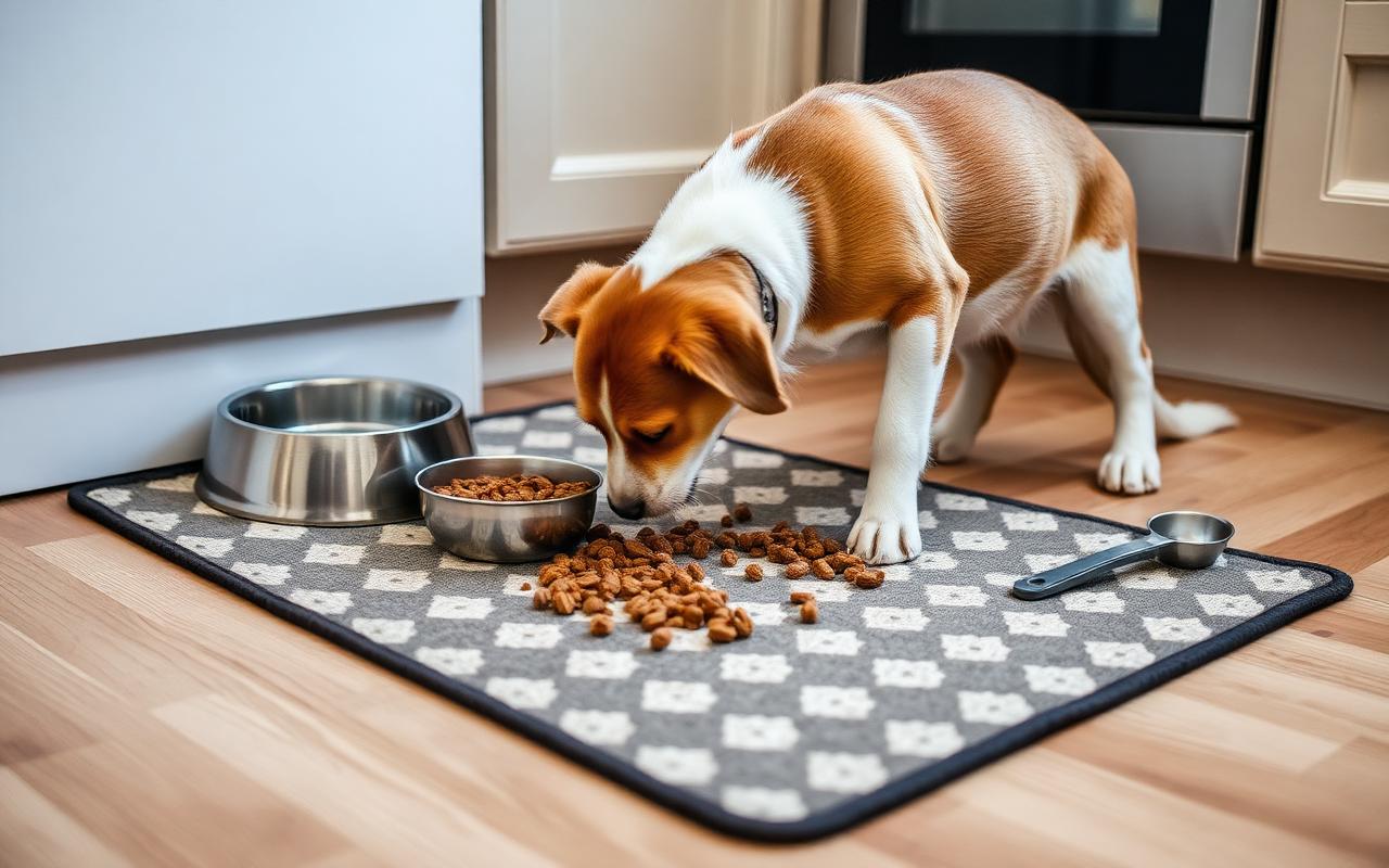 Dog eating from a snuffle mat on a kitchen floor next to a bowl and measuring scoop