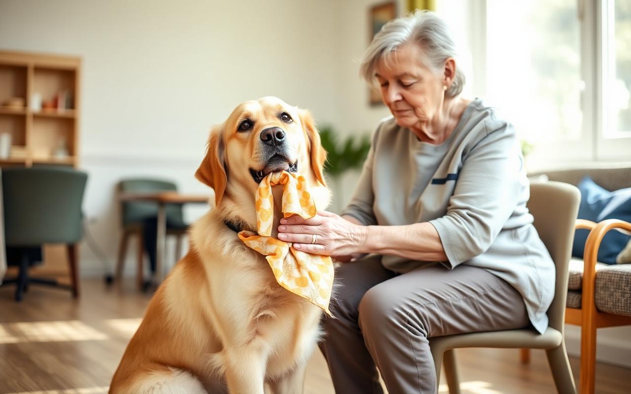 Calm golden retriever sitting beside a seated older woman in a bright community room