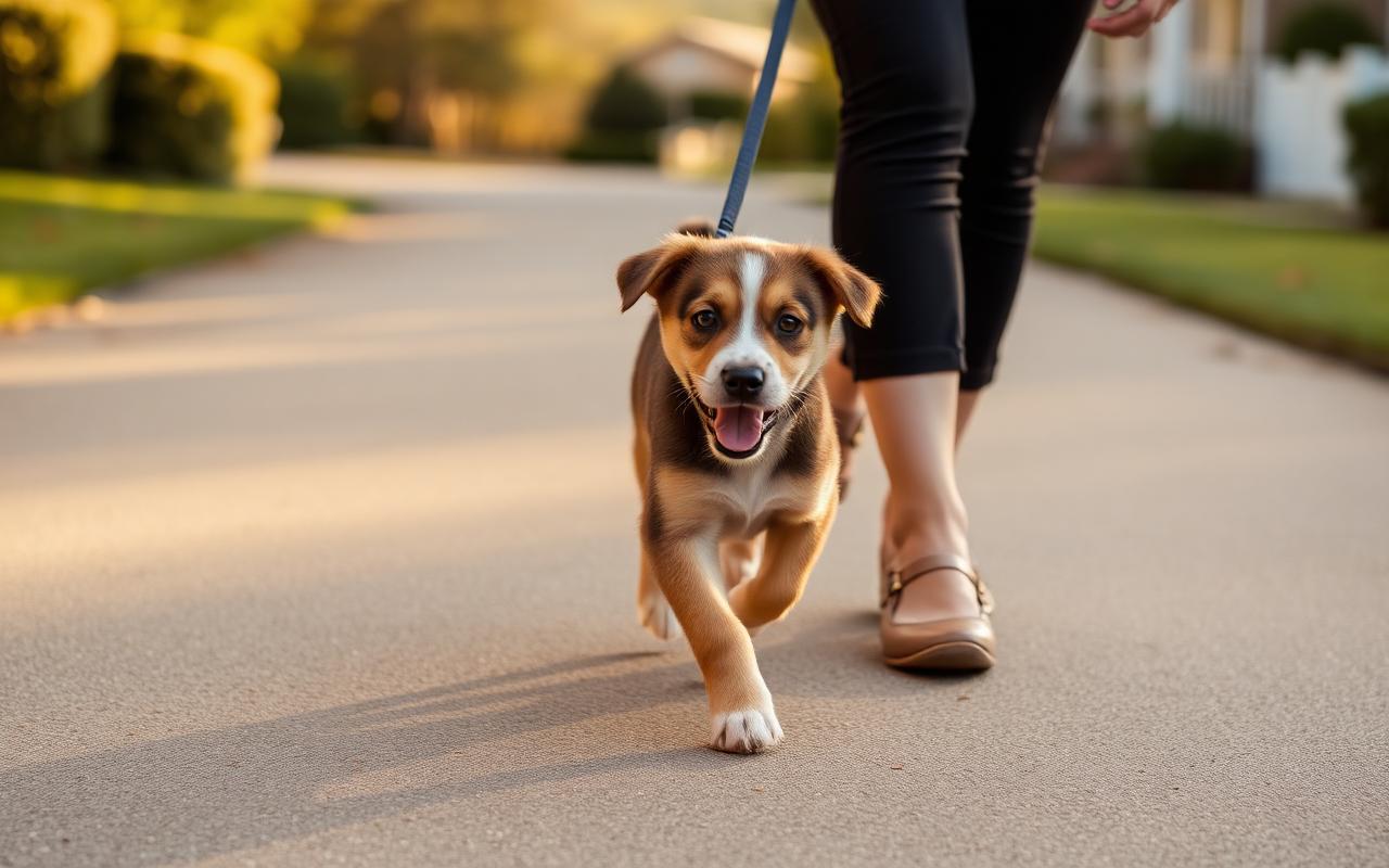 Puppy trotting happily beside a person's leg on a quiet driveway with a slack leash
