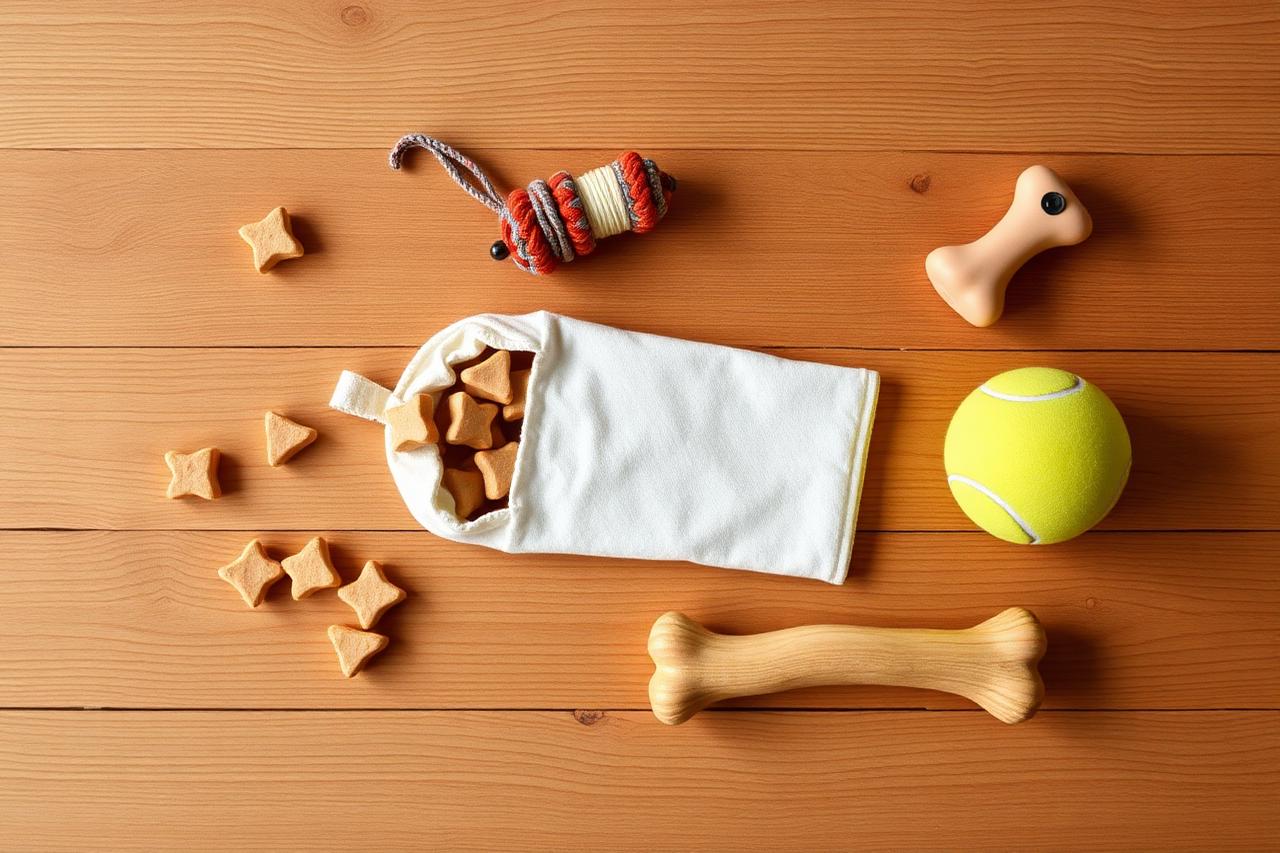 Training rewards laid out on a wooden table including soft treats in a pouch, a tug toy, a ball and a chew
