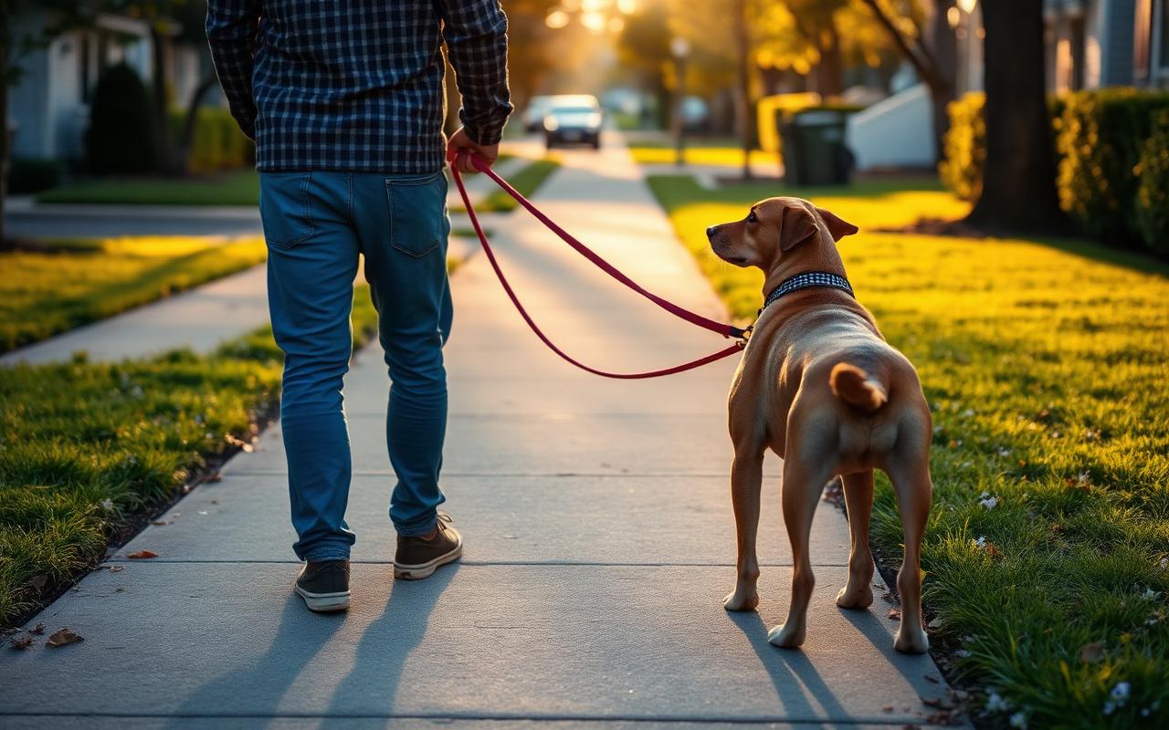 Owner and dog practising a short leash skill on a quiet residential sidewalk in evening light