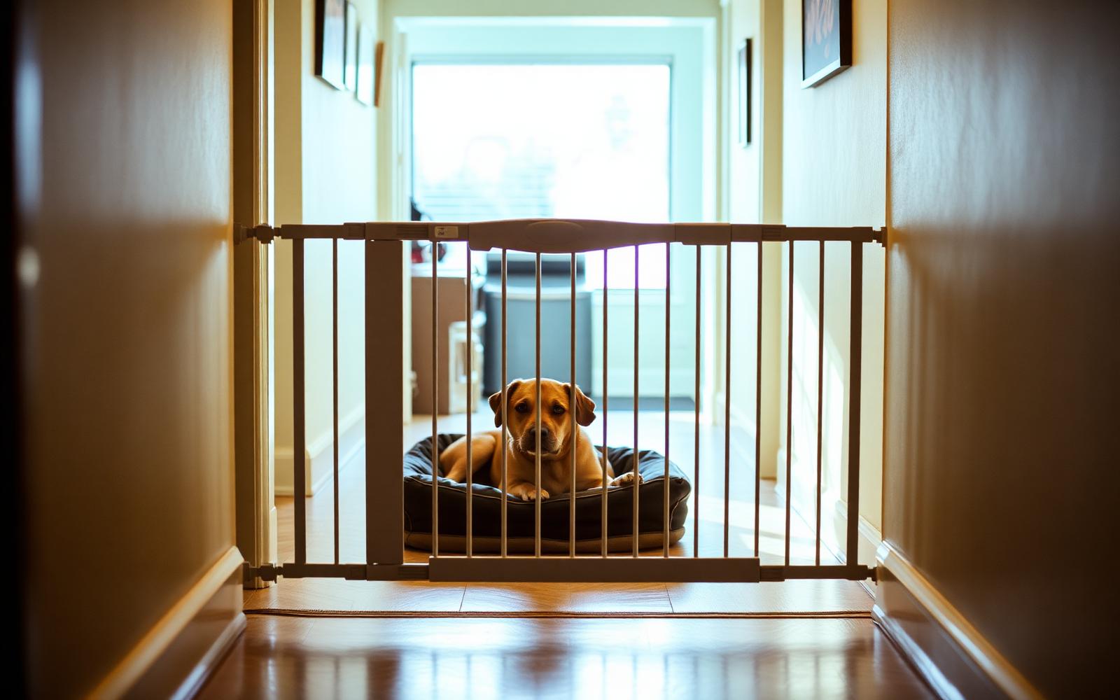 Baby gate across a hallway with a calm dog resting behind it