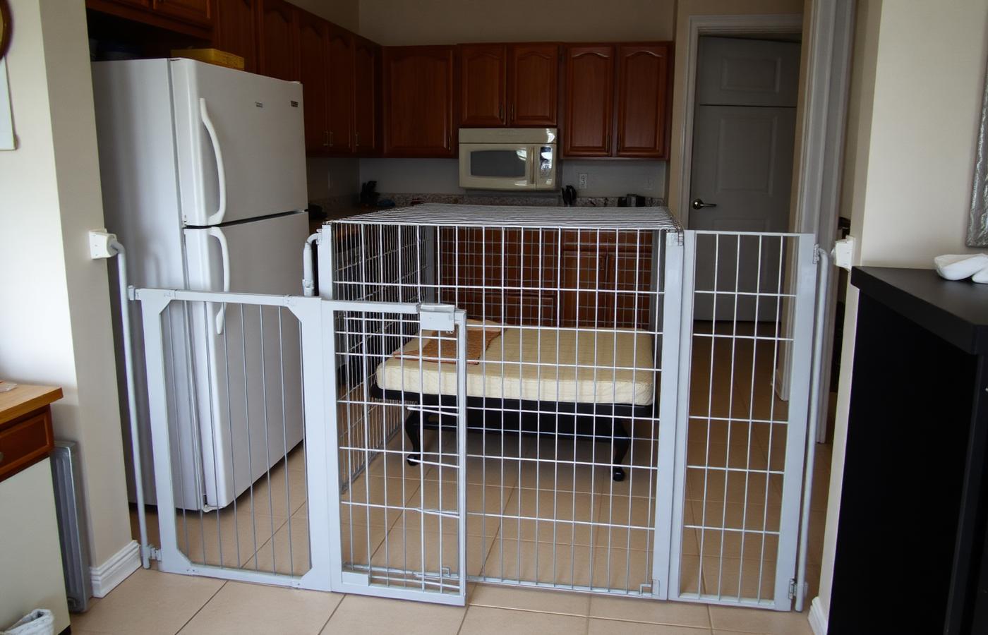 Home kitchen area gated off with a baby gate and an open wire crate with a flat bed inside