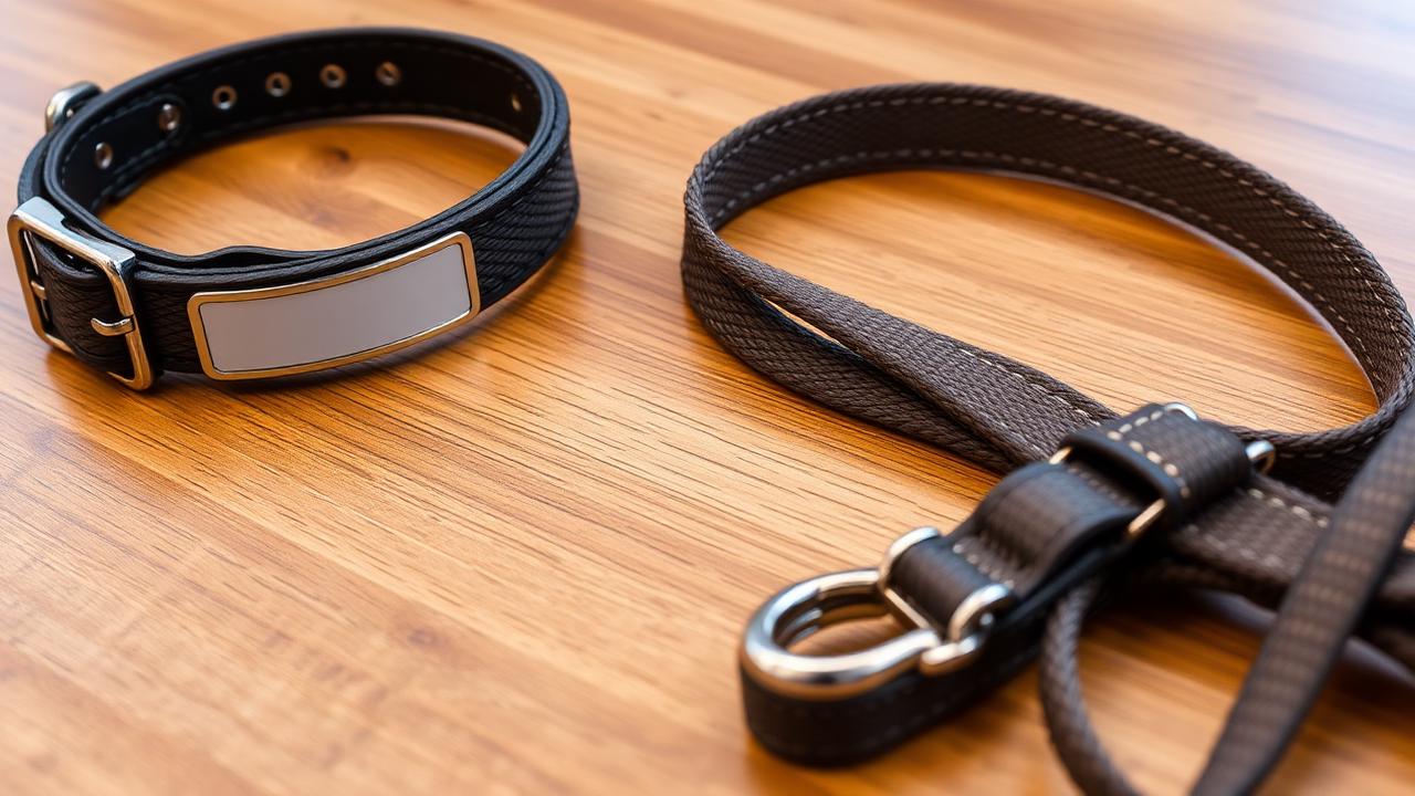 Close up of a triple-strap escape-resistant harness fitted on a dog with a double-clip leash