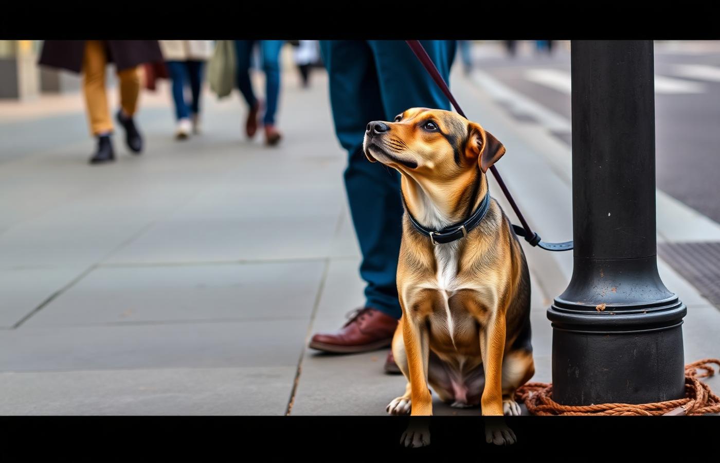 Dog sitting beside a handler's leg on a sidewalk, glancing up while people pass in the distance