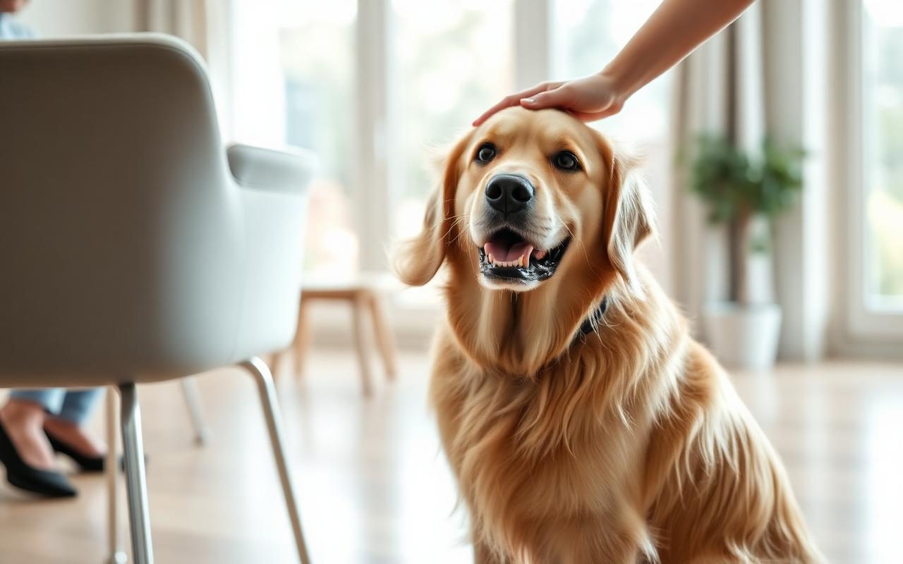Golden retriever therapy dog sitting calmly beside a chair while a hand gently pets its head in a bright community room
