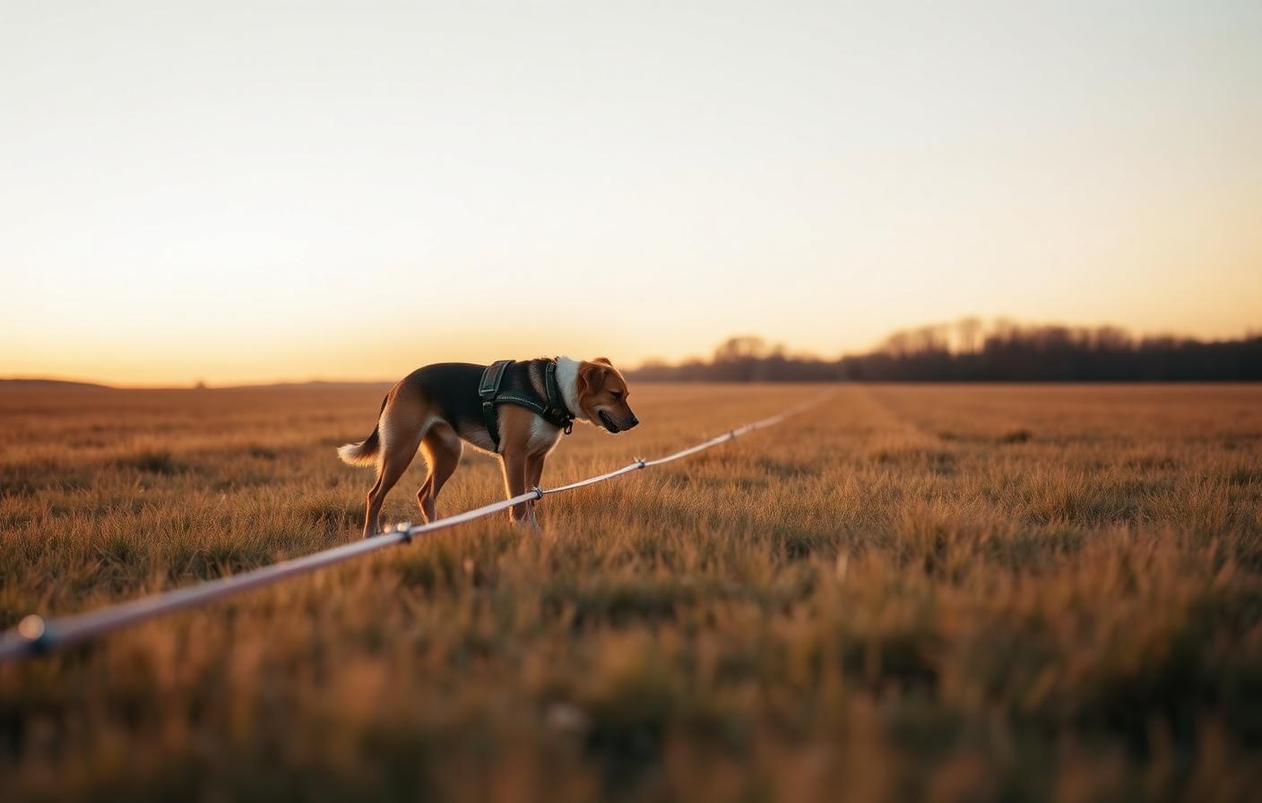 Rescue dog sniffing calmly on a long line in an empty grassy field at golden hour
