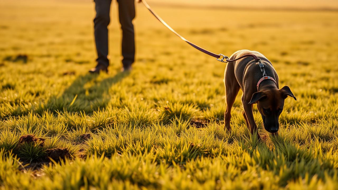 Dog exploring grass on a long line in a quiet enclosed field with handler holding the end