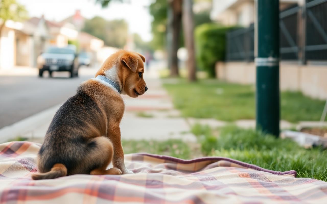 Young puppy sitting calmly on a blanket watching a quiet street from a distance