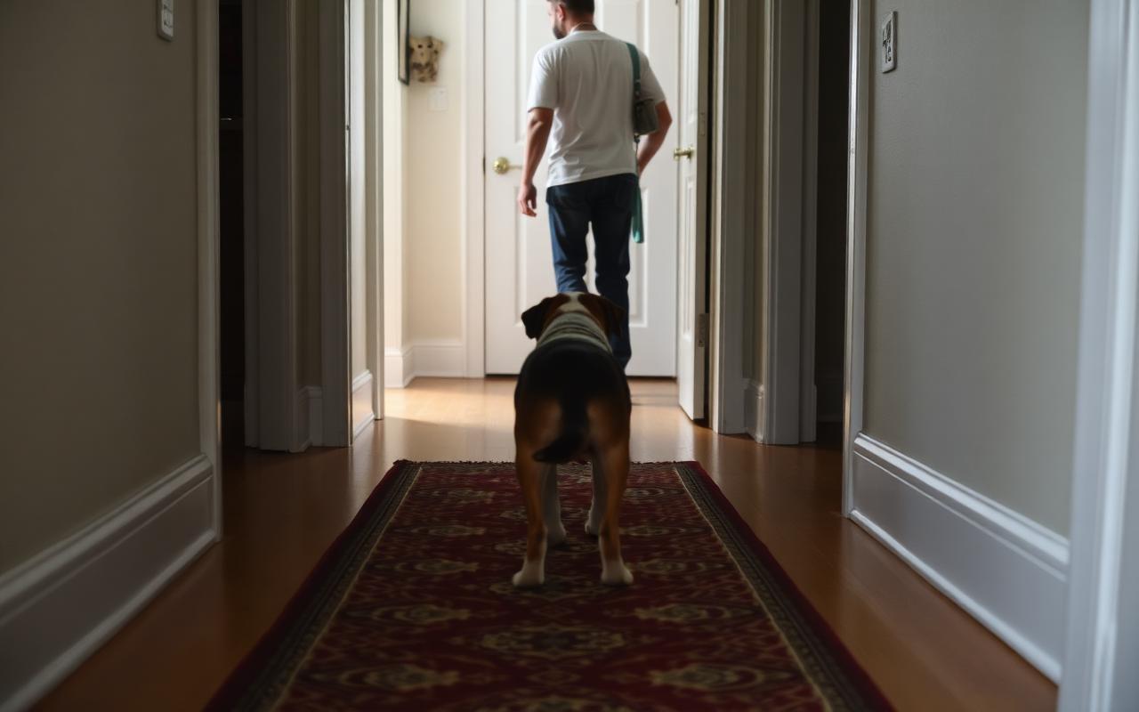 Dog waiting on a hallway rug while a person steps through a doorway with a leash over their shoulder