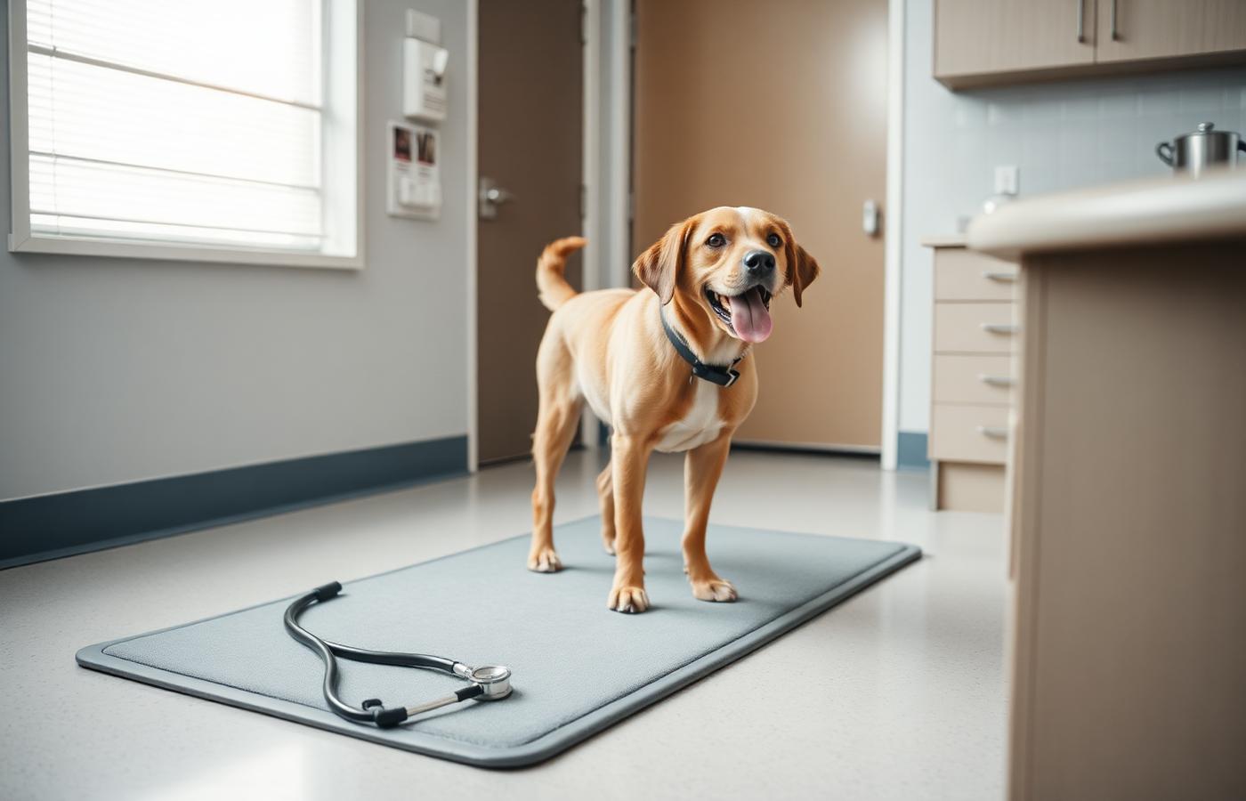 Relaxed dog standing on a non-slip mat in a veterinary exam room