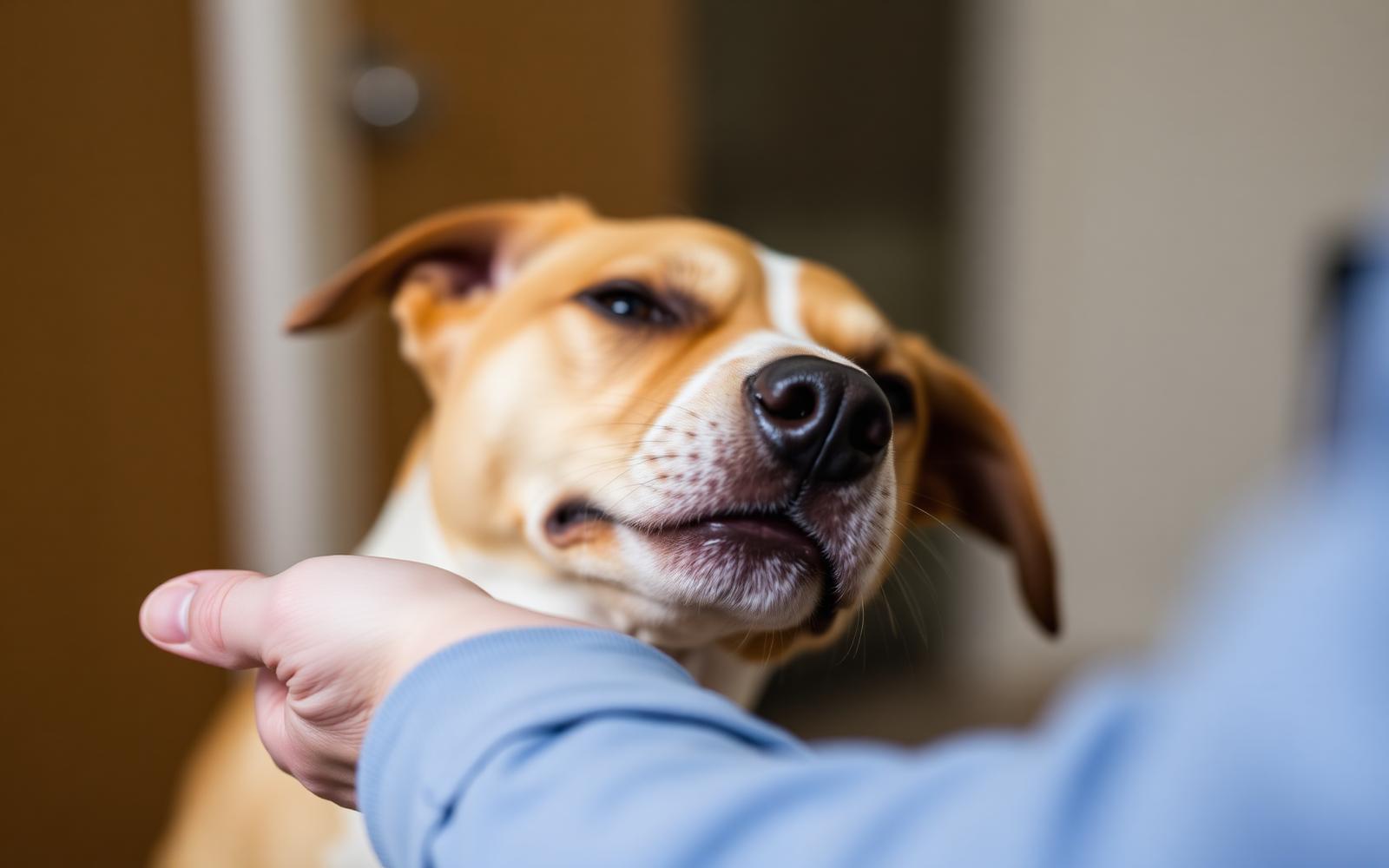 Hands gently fitting a harness onto a relaxed standing dog indoors