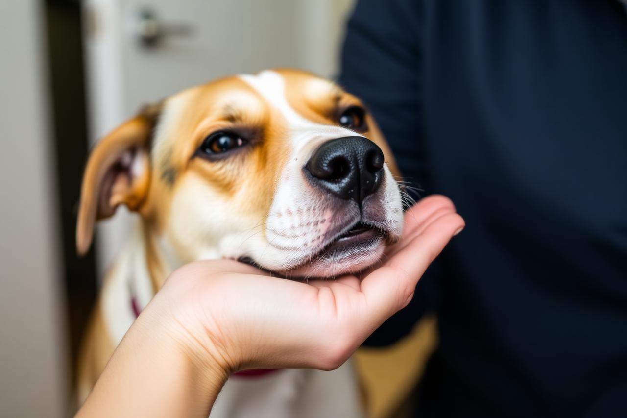 Dog voluntarily resting its chin in a person's flat palm while a brush is held nearby